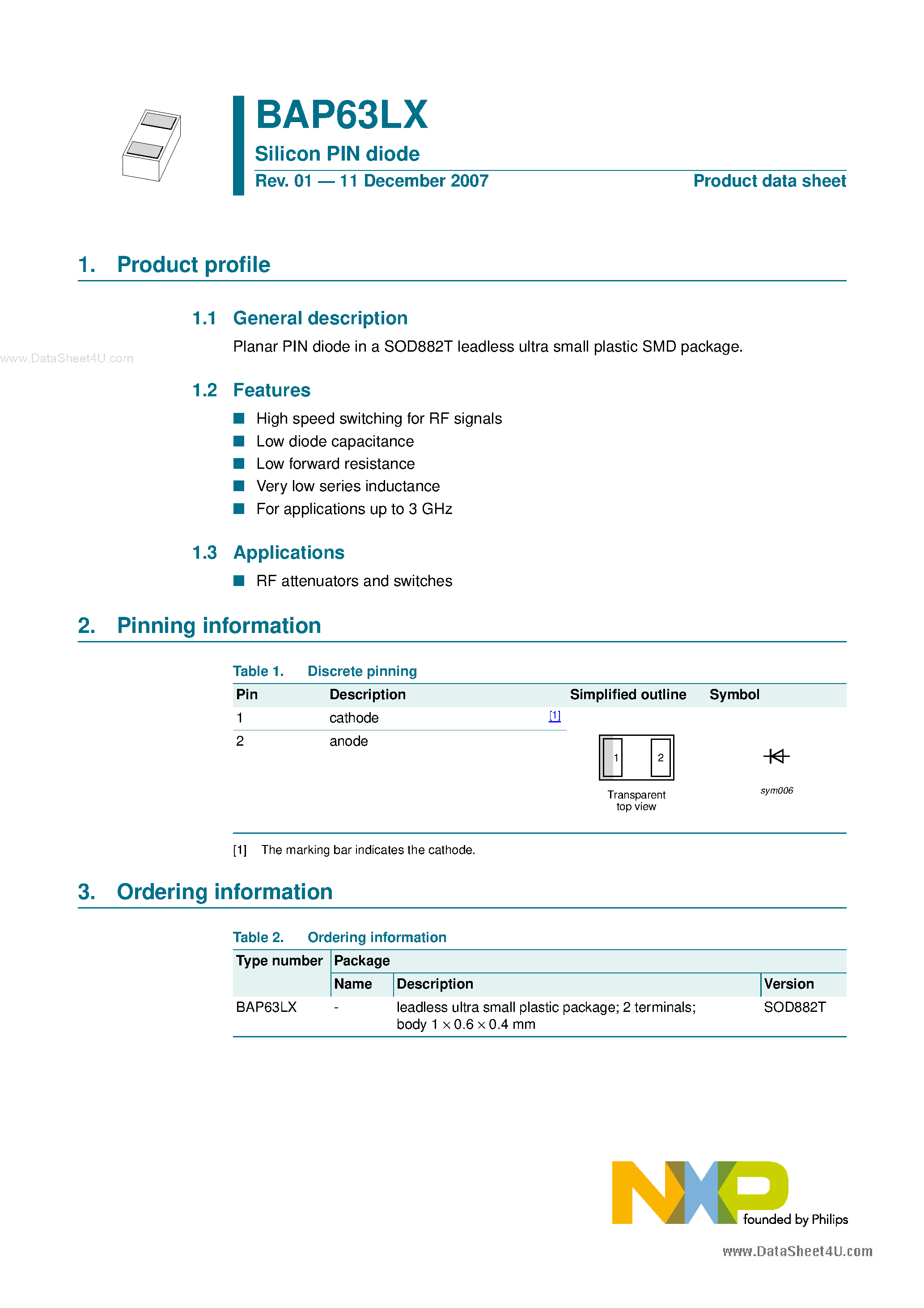 Datasheet BAP63LX page 1 Datasheet BAP63LX - Silicon PIN Diode page 1