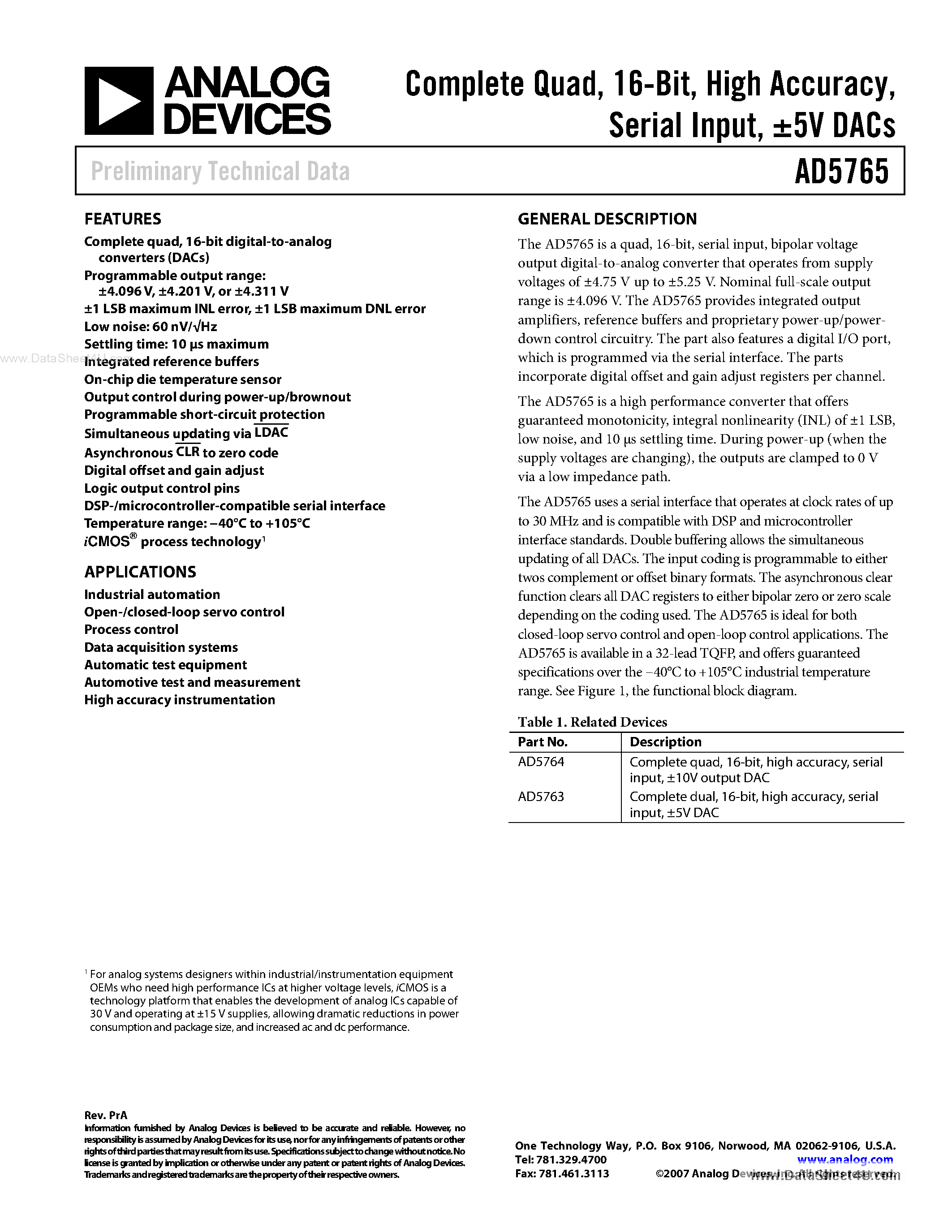 Datasheet AD5765 - Complete Quad / 16-Bit / High Accuracy page 1