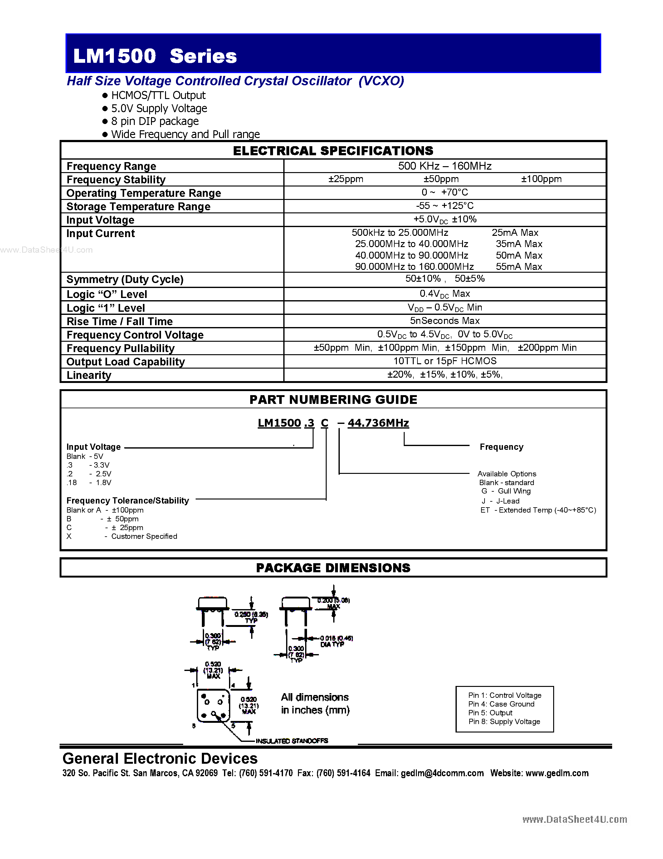 Datasheet LM1500 - Half Size Voltage Controlled Crystal Oscillator page 1