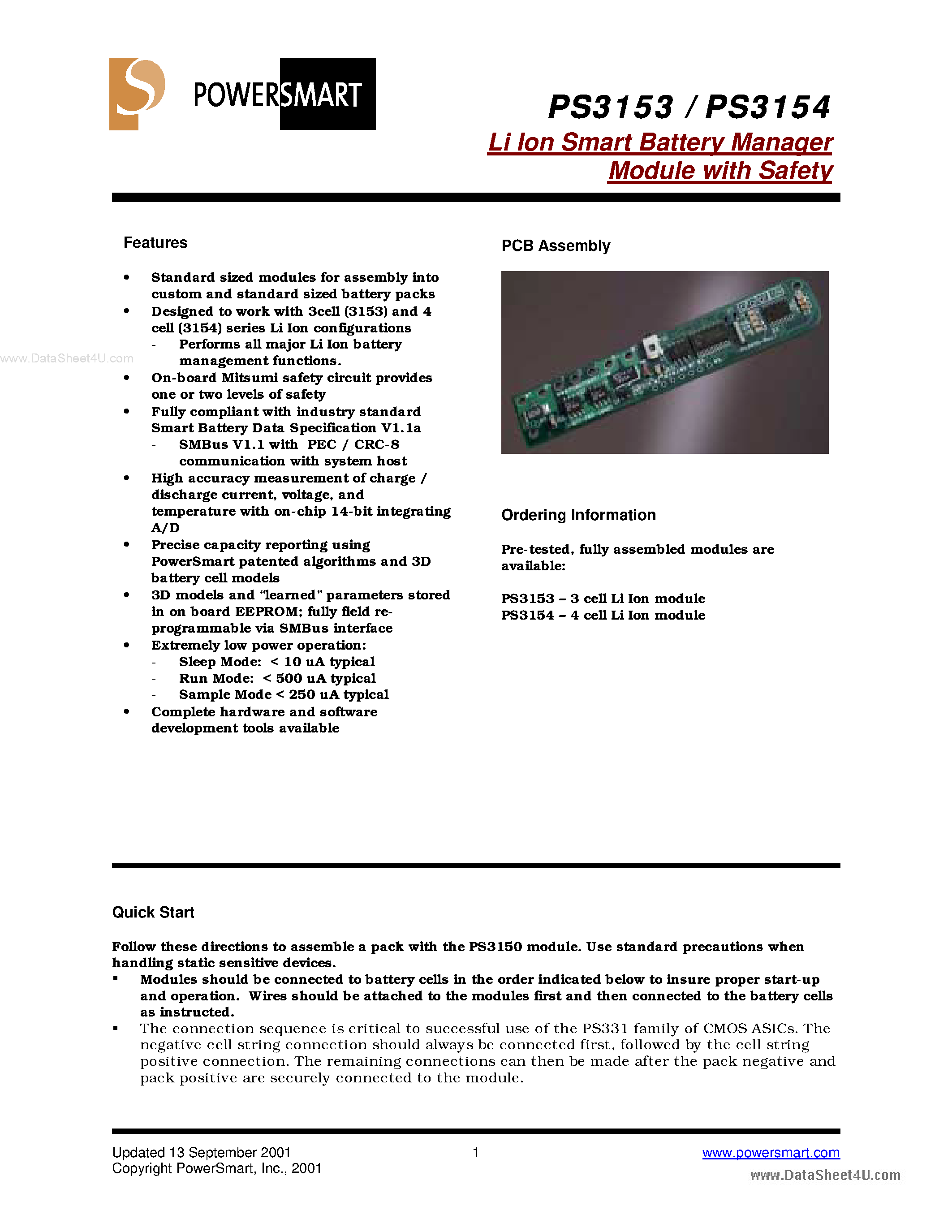 Datasheet PS3153 - (PS3153 / PS3154) 3 Cell Smart Battery Module page 1