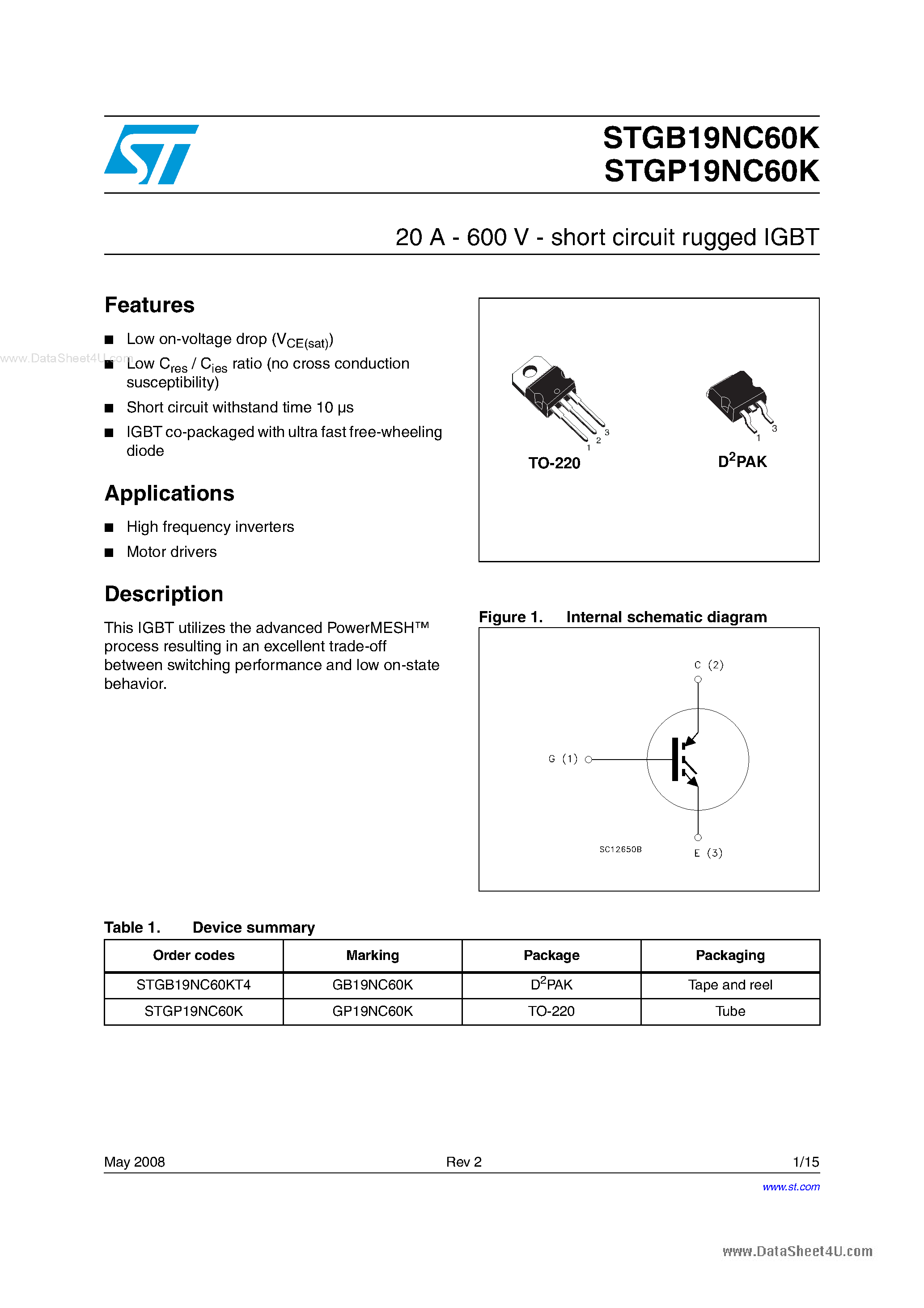 Даташит STGB19NC60K - 20 A - 600 V - short circuit rugged IGBT страница 1