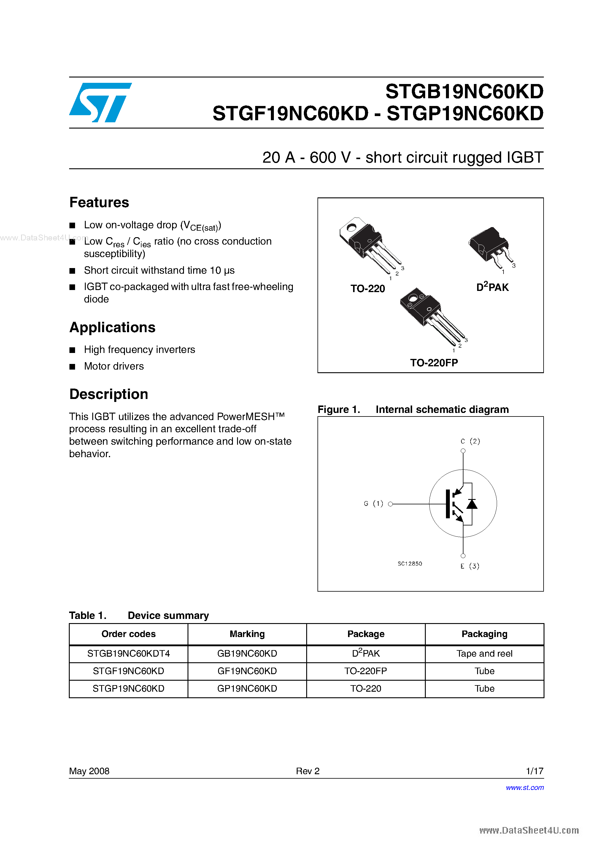 Даташит STGB19NC60KD - 20 A - 600 V - short circuit rugged IGBT страница 1