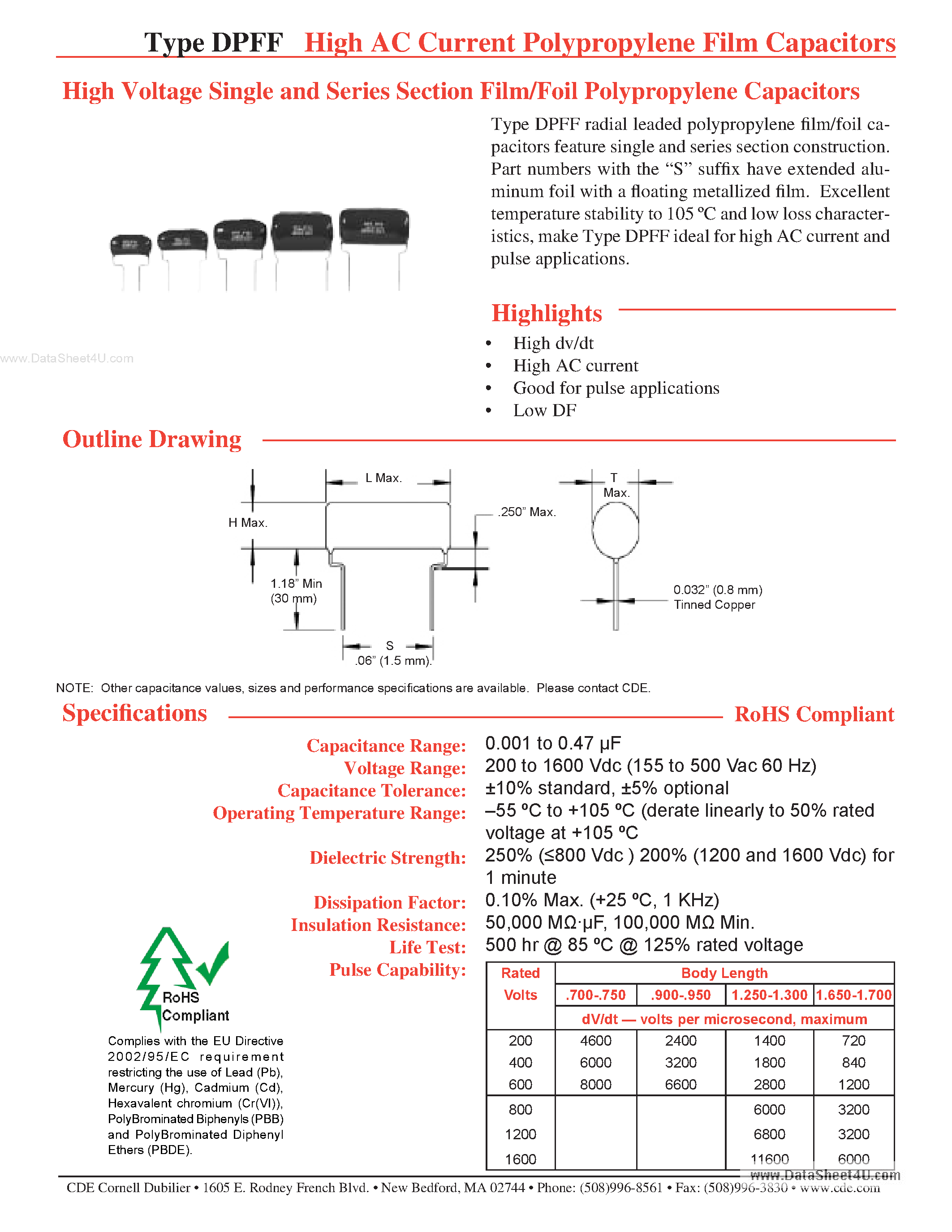 Datasheet DPFF page 1 Datasheet DPFF - High AC Current Polypropylene Film Capacitors page 1