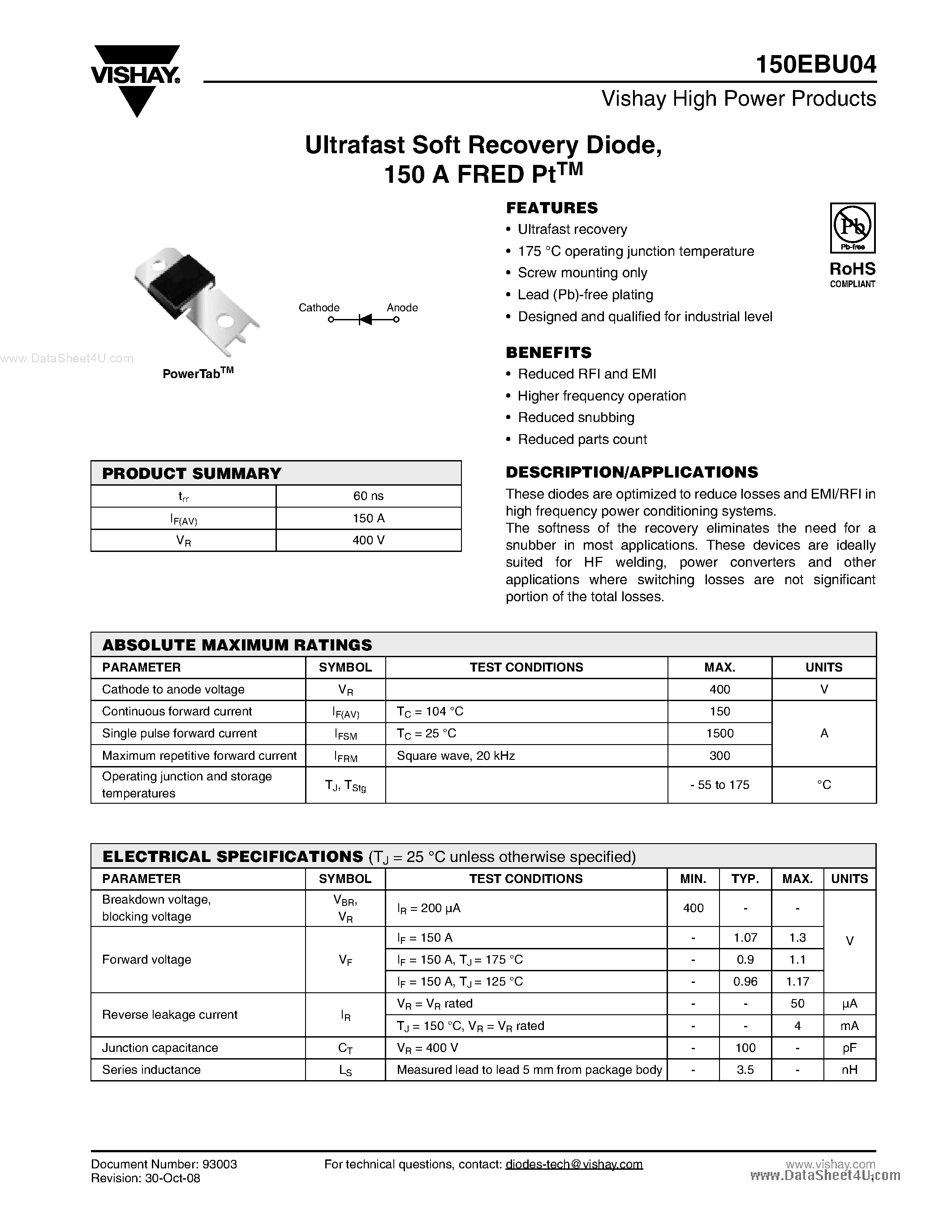 Даташит 150EBU04 - Ultrafast Soft Recovery Diode страница 1