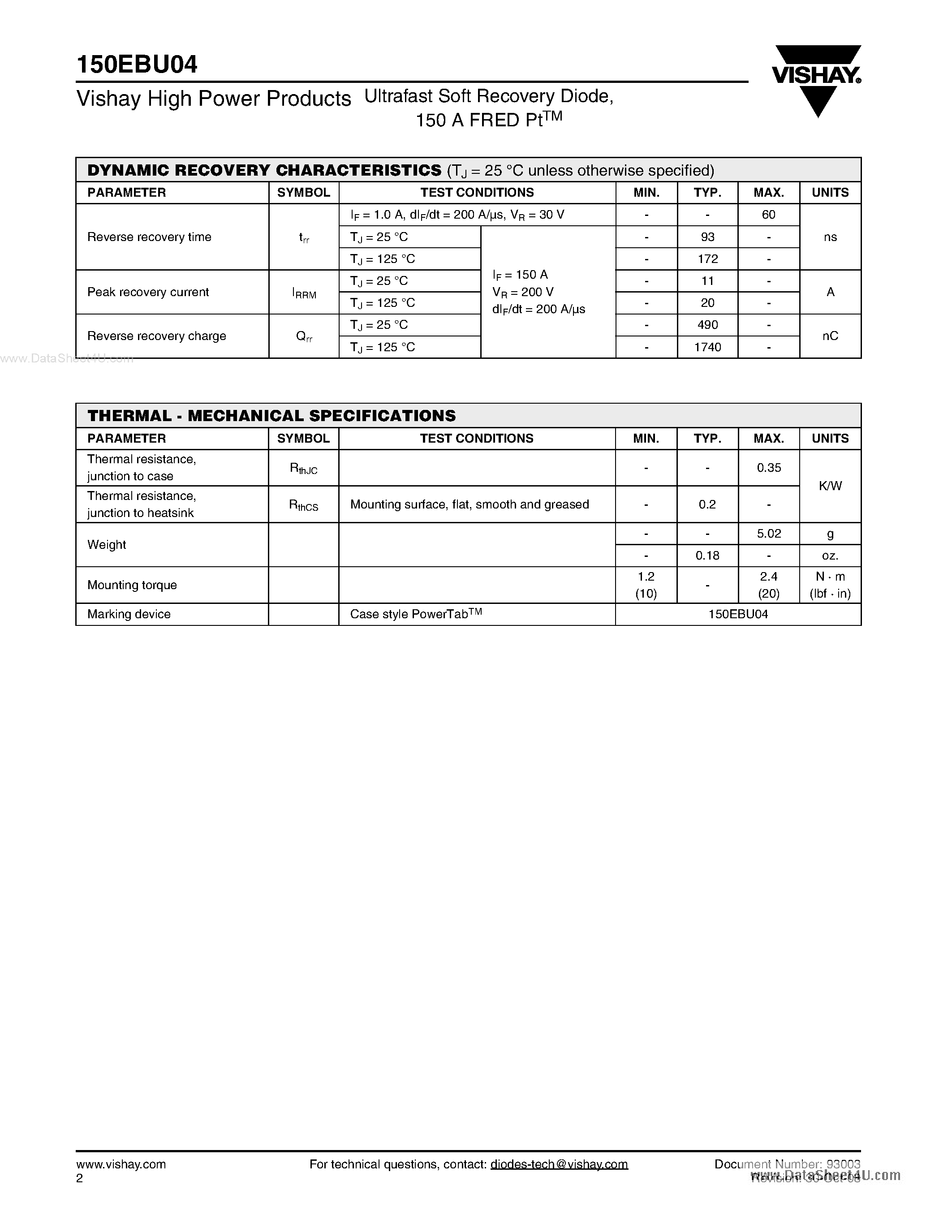 Даташит 150EBU04 - Ultrafast Soft Recovery Diode страница 2
