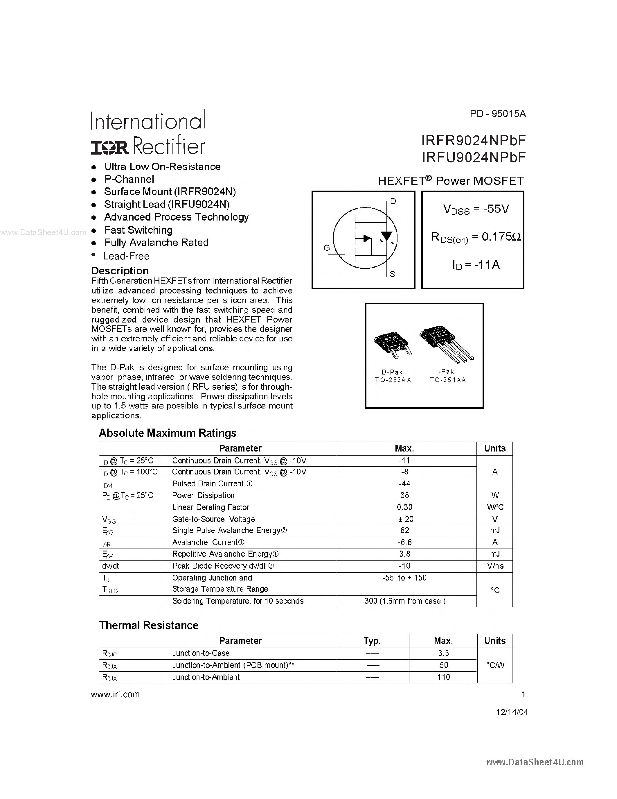 Datasheet IRFR9024NPBF page 1 Datasheet IRFR9024NPBF - HEXFET POWER MOSFET page 1
