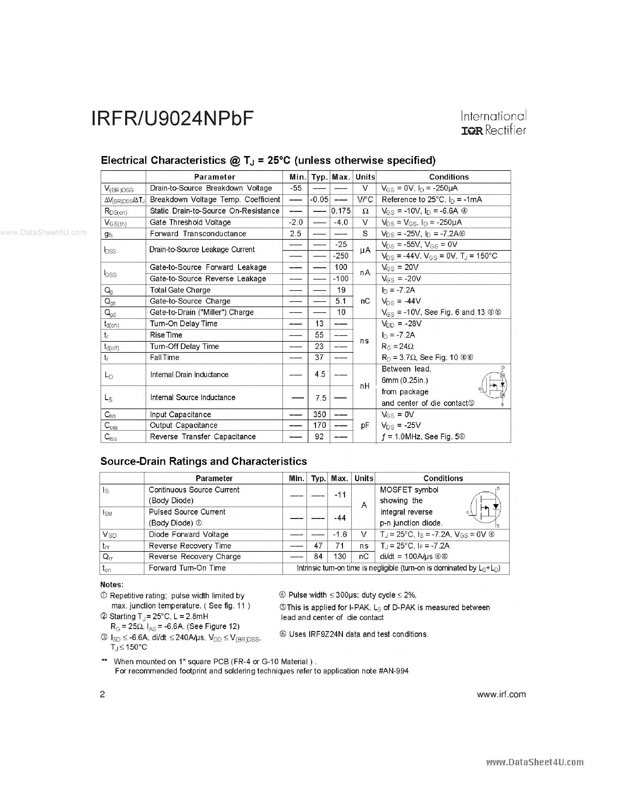 Datasheet IRFR9024NPBF page 2 Datasheet IRFR9024NPBF - HEXFET POWER MOSFET page 2