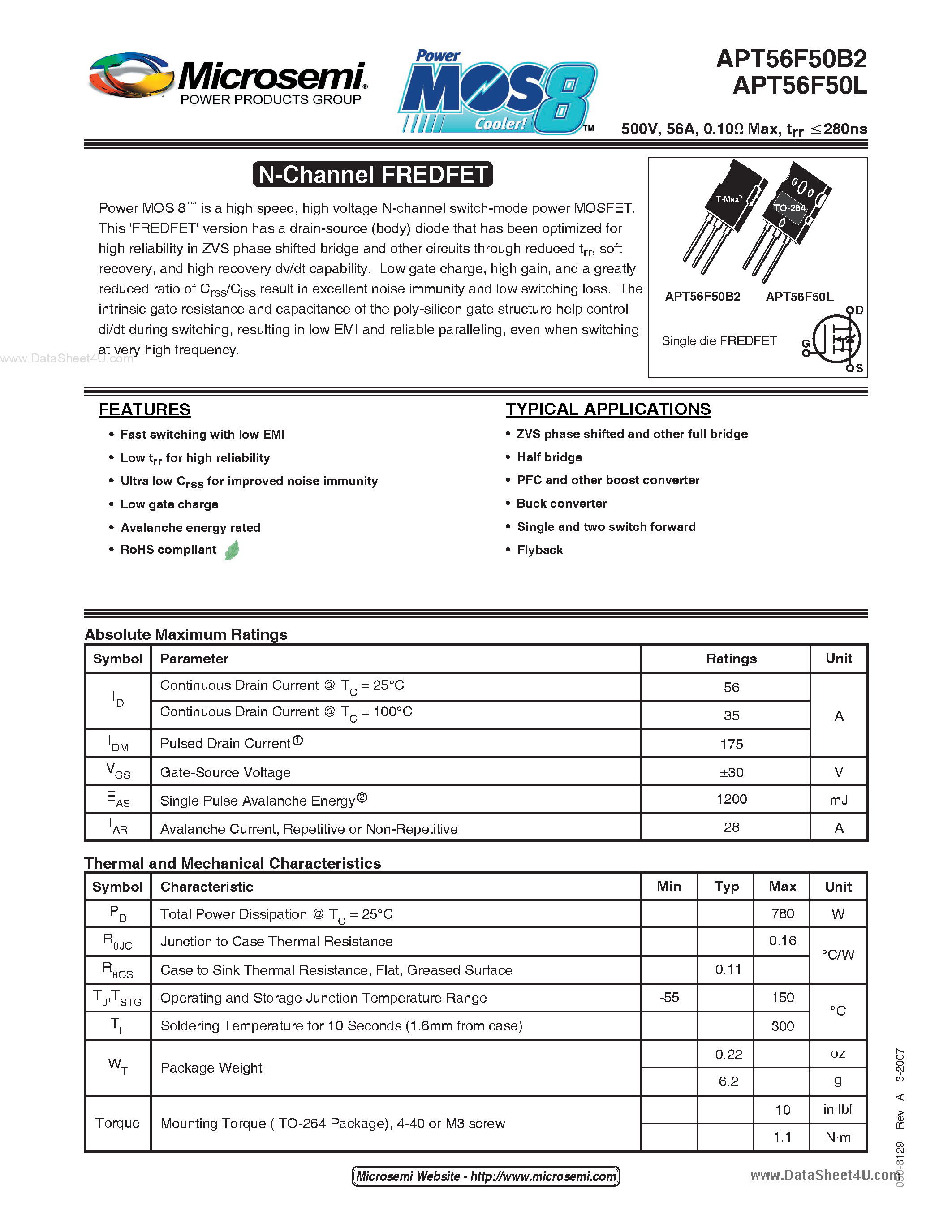 Datasheet APT56F50B2 - N-Channel FREDFET page 1
