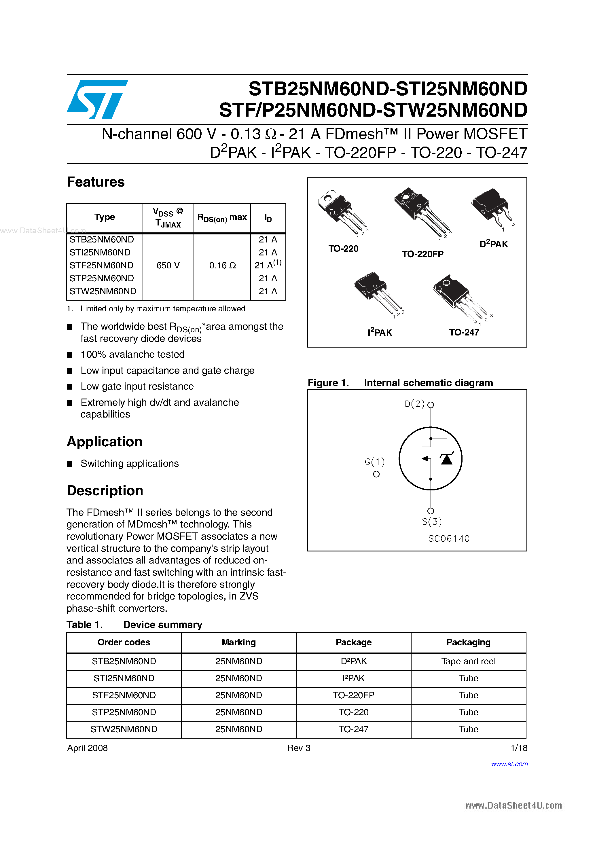 Datasheet STI25NM60ND page 1 Datasheet STI25NM60ND - N-channel MOSFET page 1