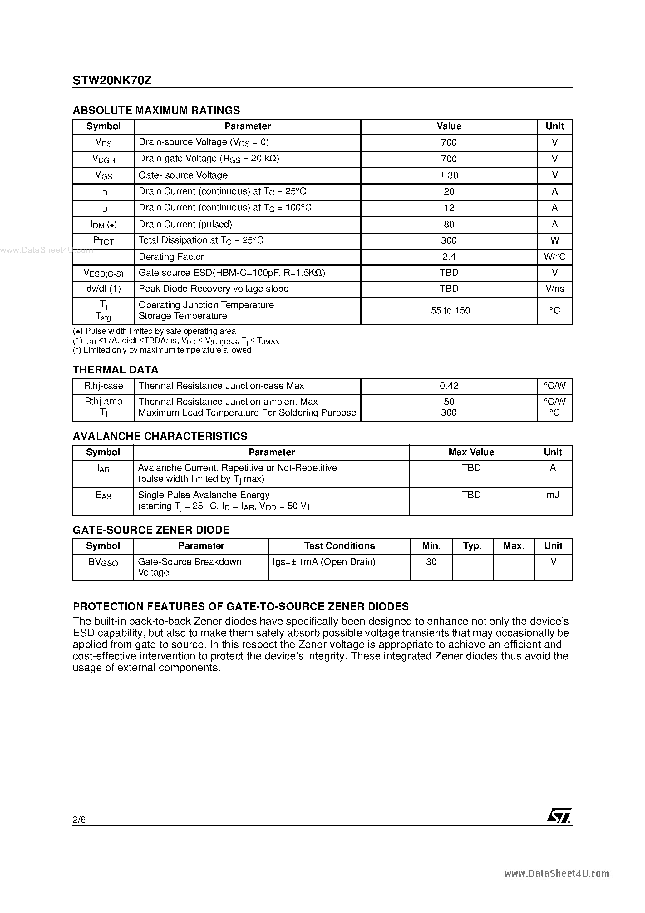 Datasheet STW20NK70Z - N-CHANNEL Power MOSFET page 2