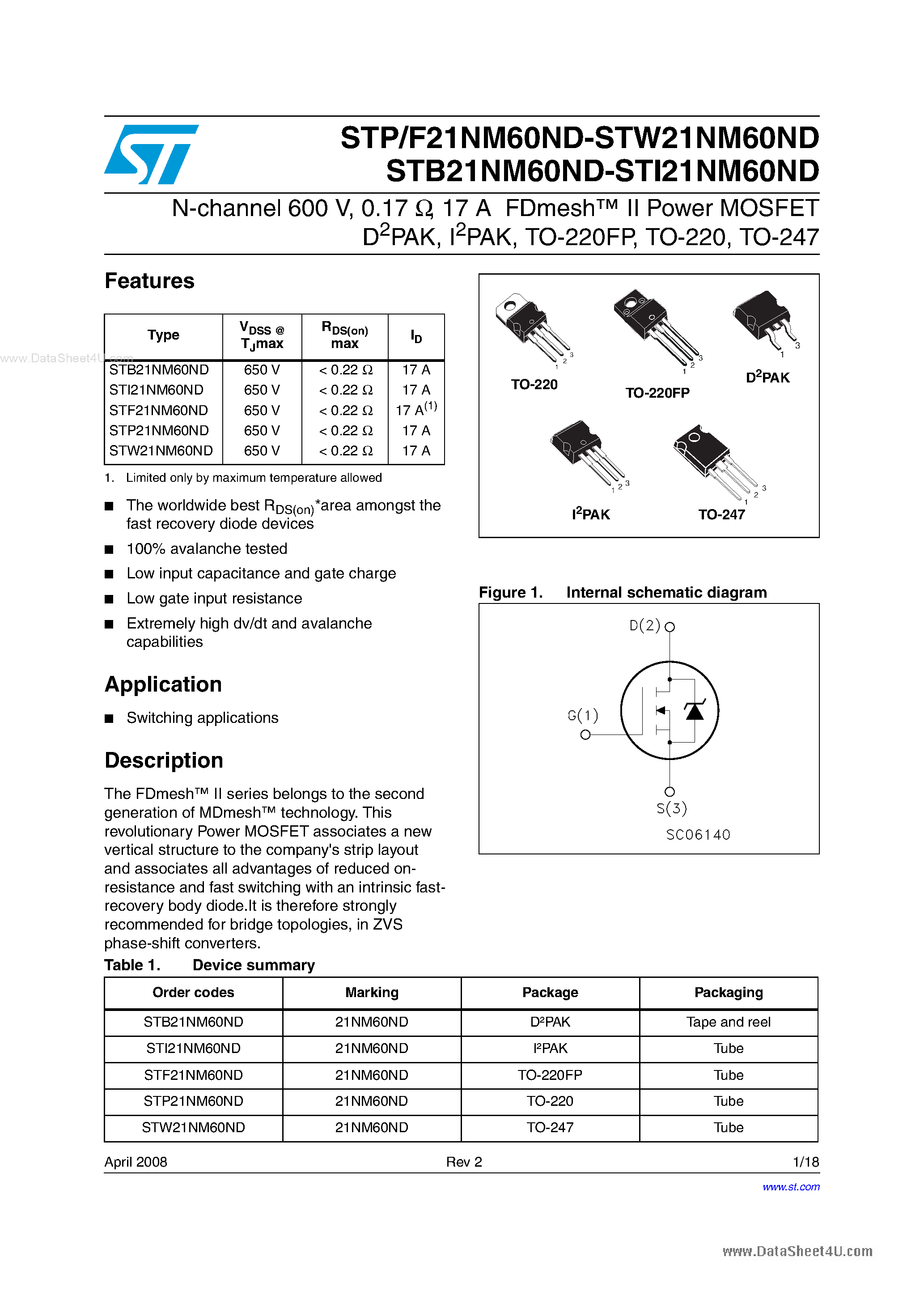 Datasheet STF21NM60ND - N-channel MOSFET page 1