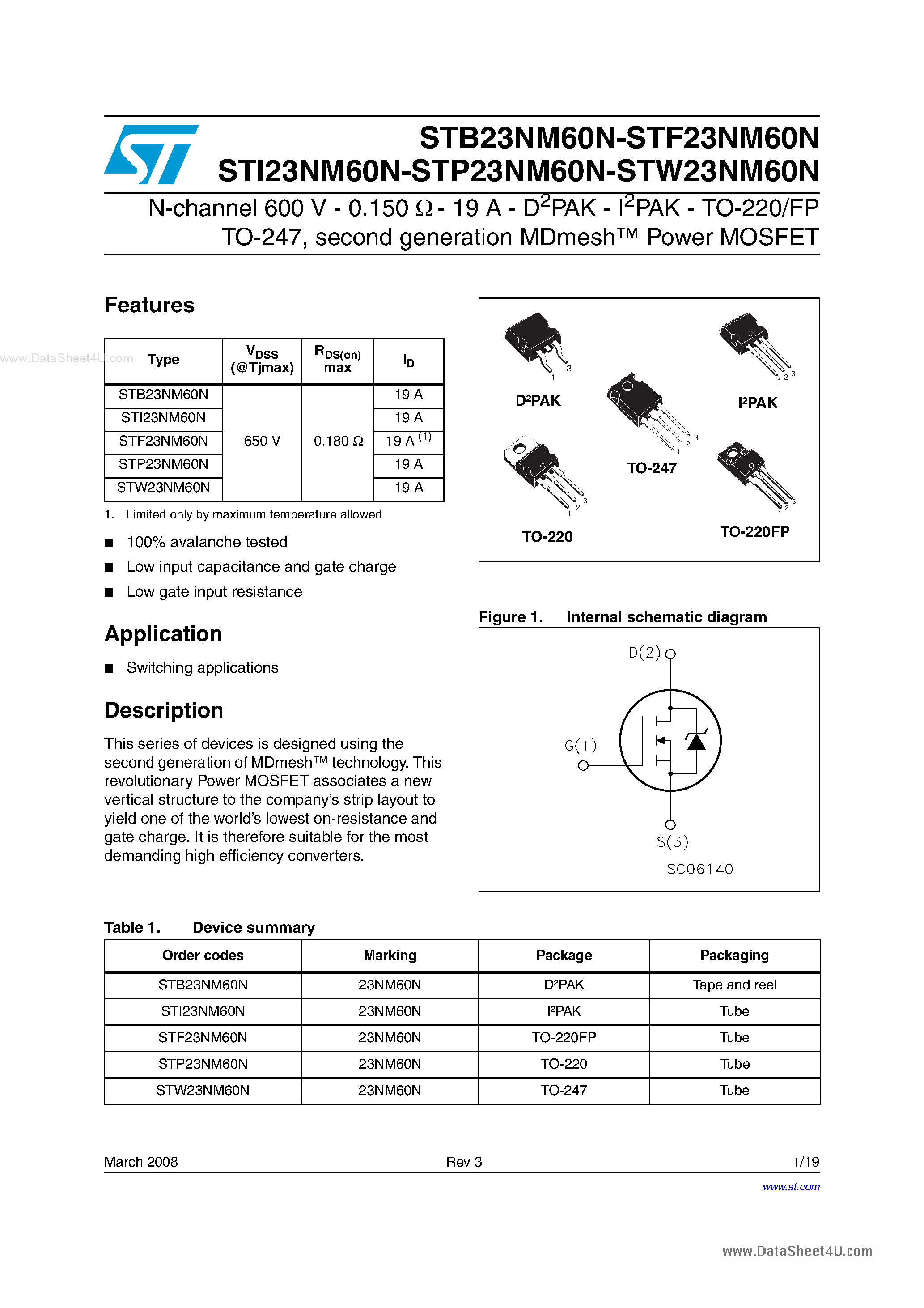 Datasheet STB23NM60N - N-channel Power MOSFET page 1