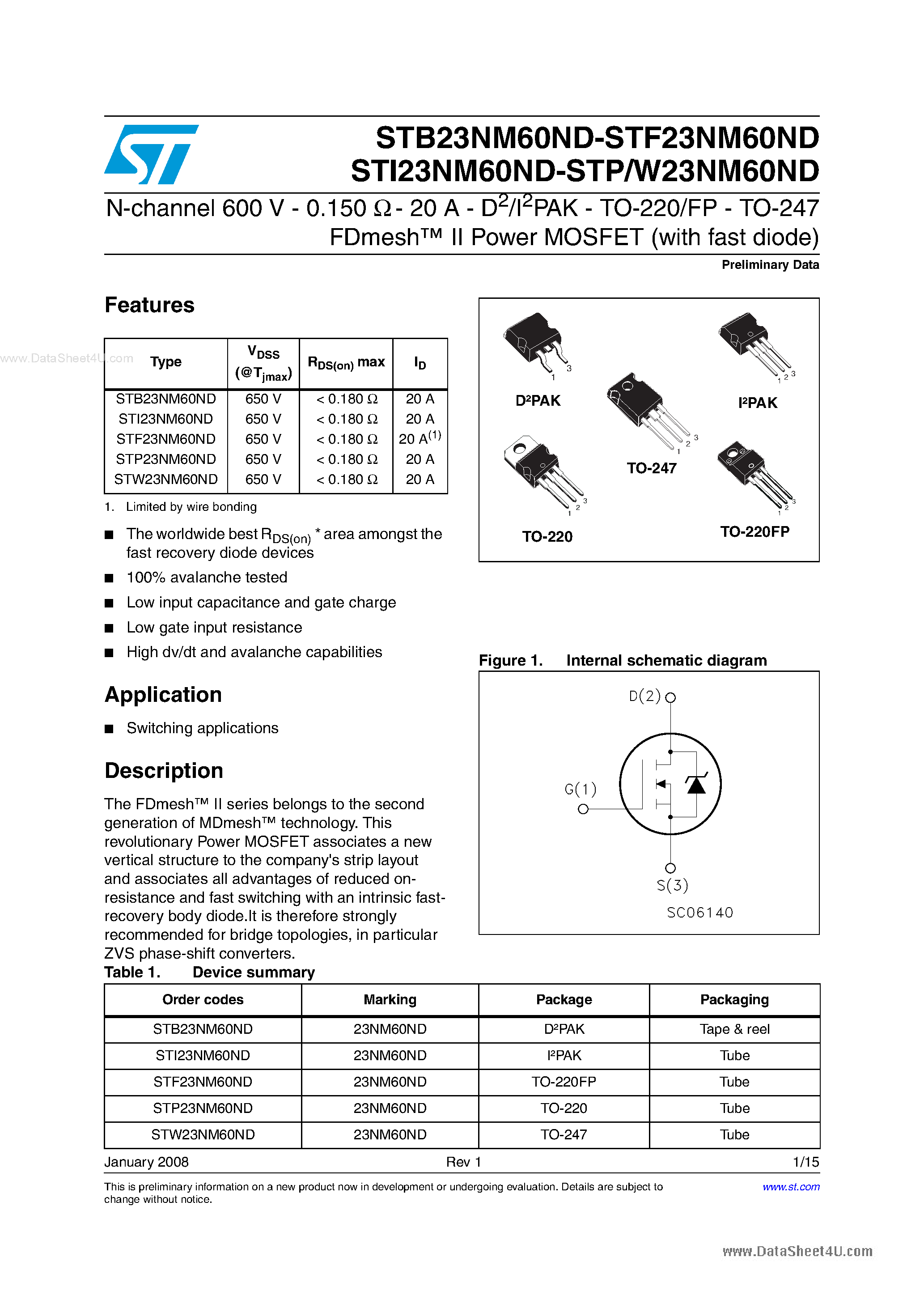 Datasheet STI23NM60ND page 1 Datasheet STI23NM60ND - N-channel Power MOSFET page 1