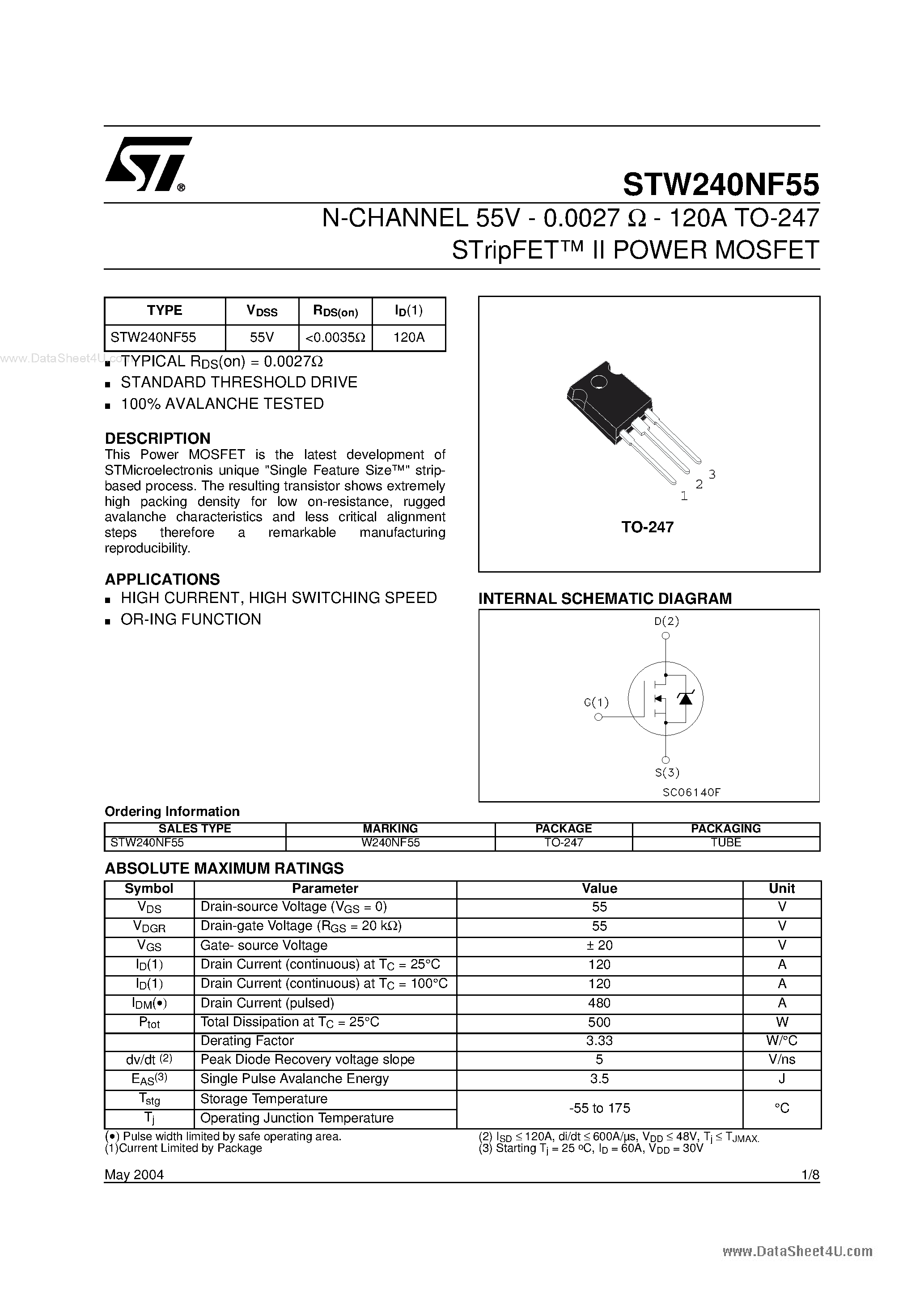 Datasheet STW240NF55 page 1 Datasheet STW240NF55 - N-CHANNEL POWER MOSFET page 1