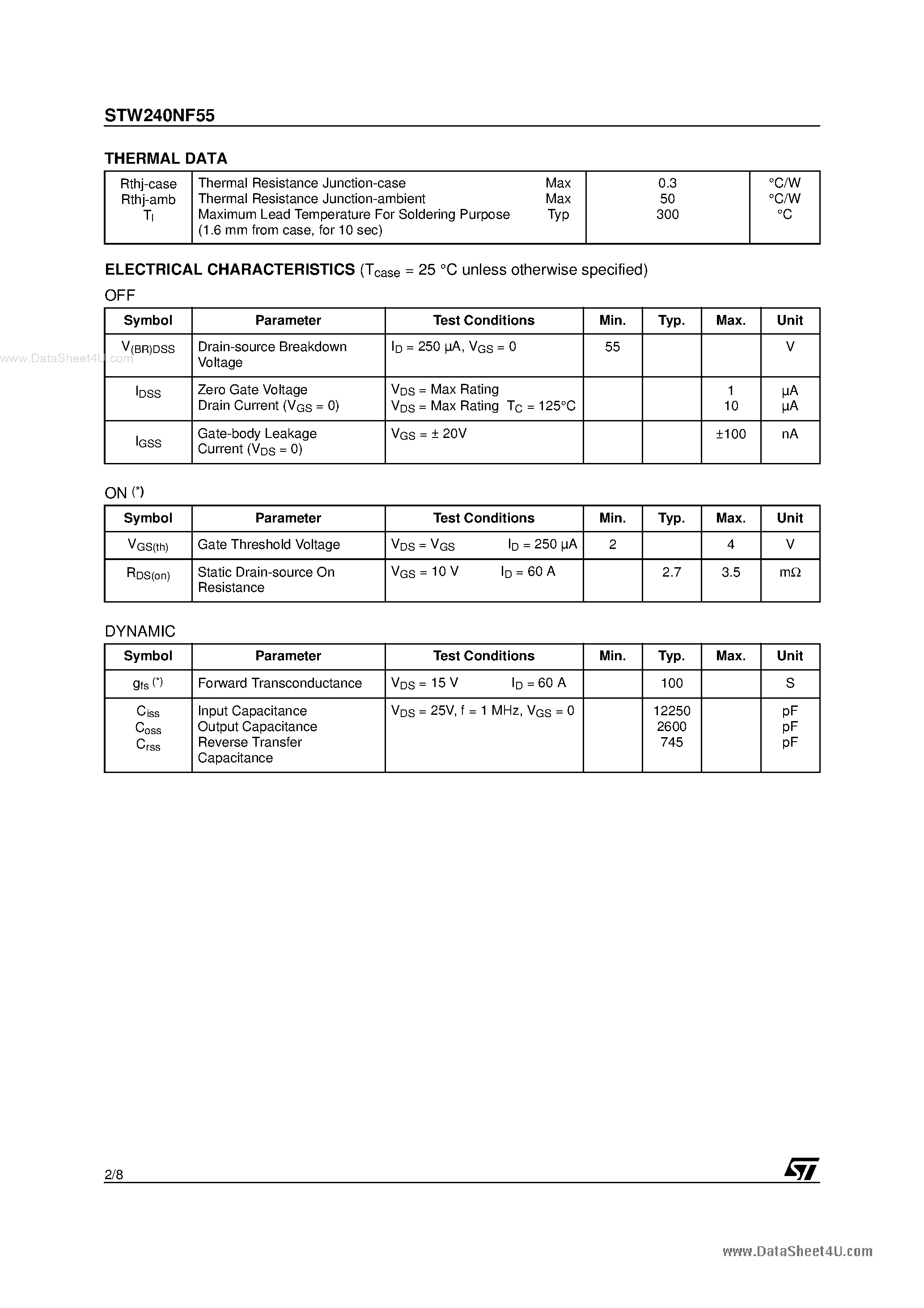 Datasheet STW240NF55 page 2 Datasheet STW240NF55 - N-CHANNEL POWER MOSFET page 2