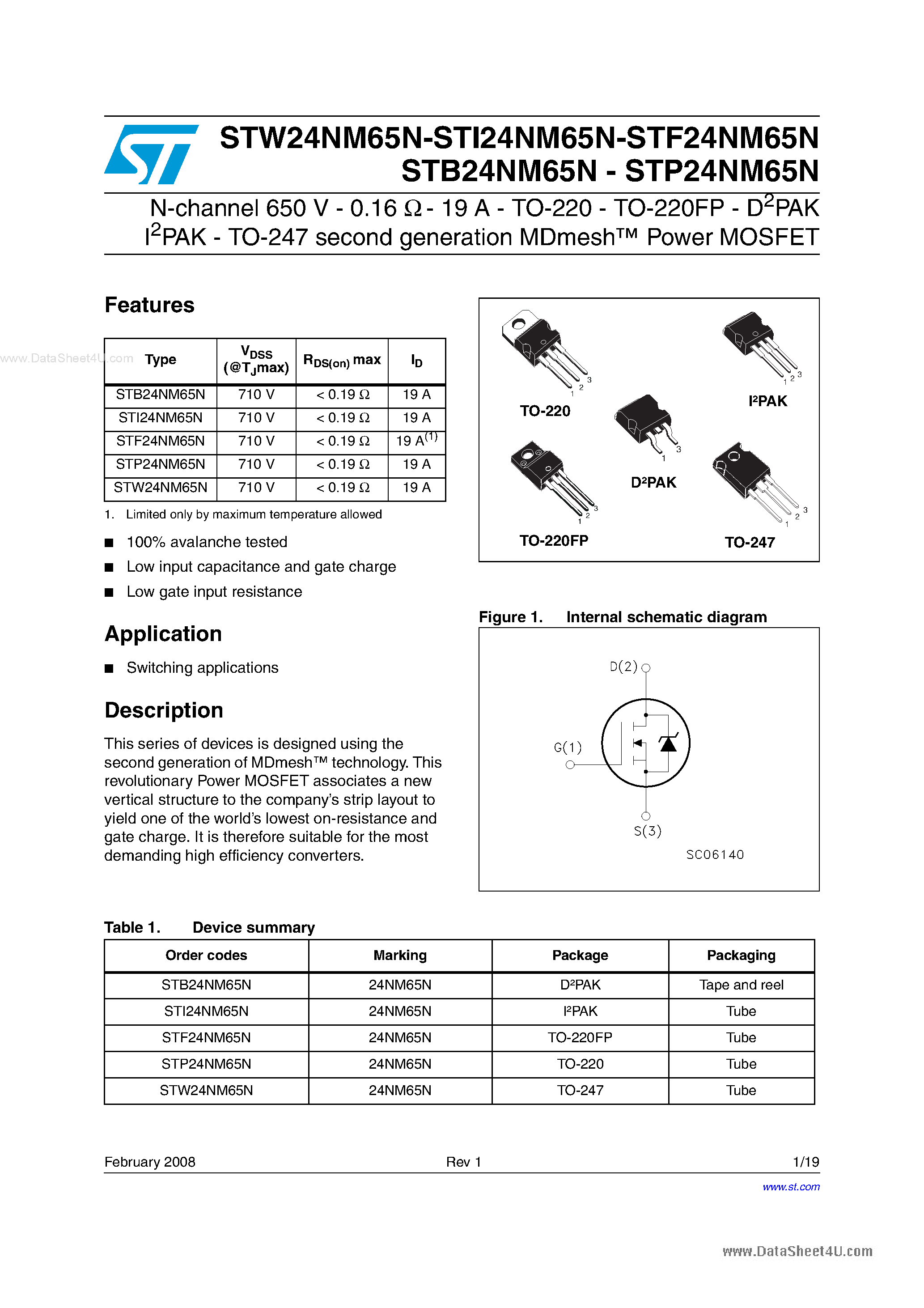 Datasheet STP24NM65N - N-channel Power MOSFET page 1