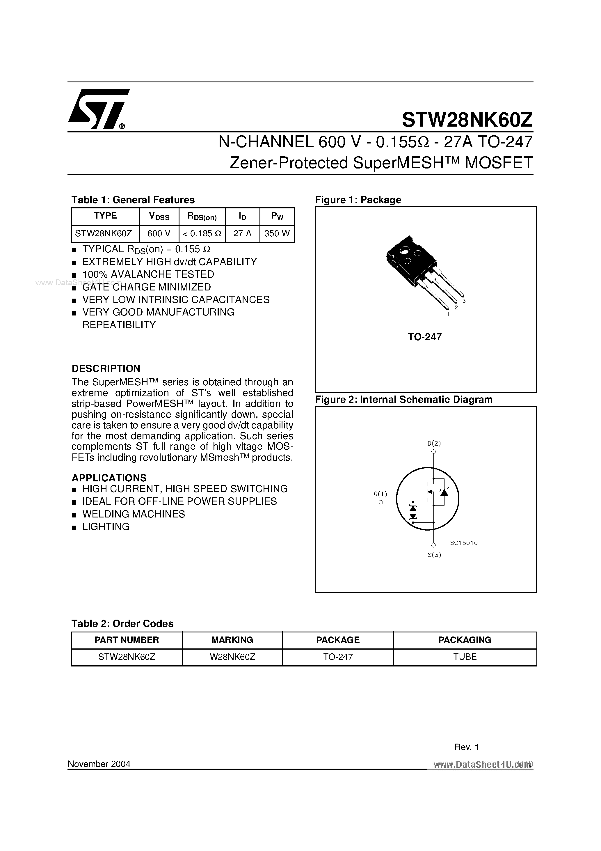 Datasheet STW28NK60Z page 1 Datasheet STW28NK60Z - N-CHANNEL MOSFET page 1
