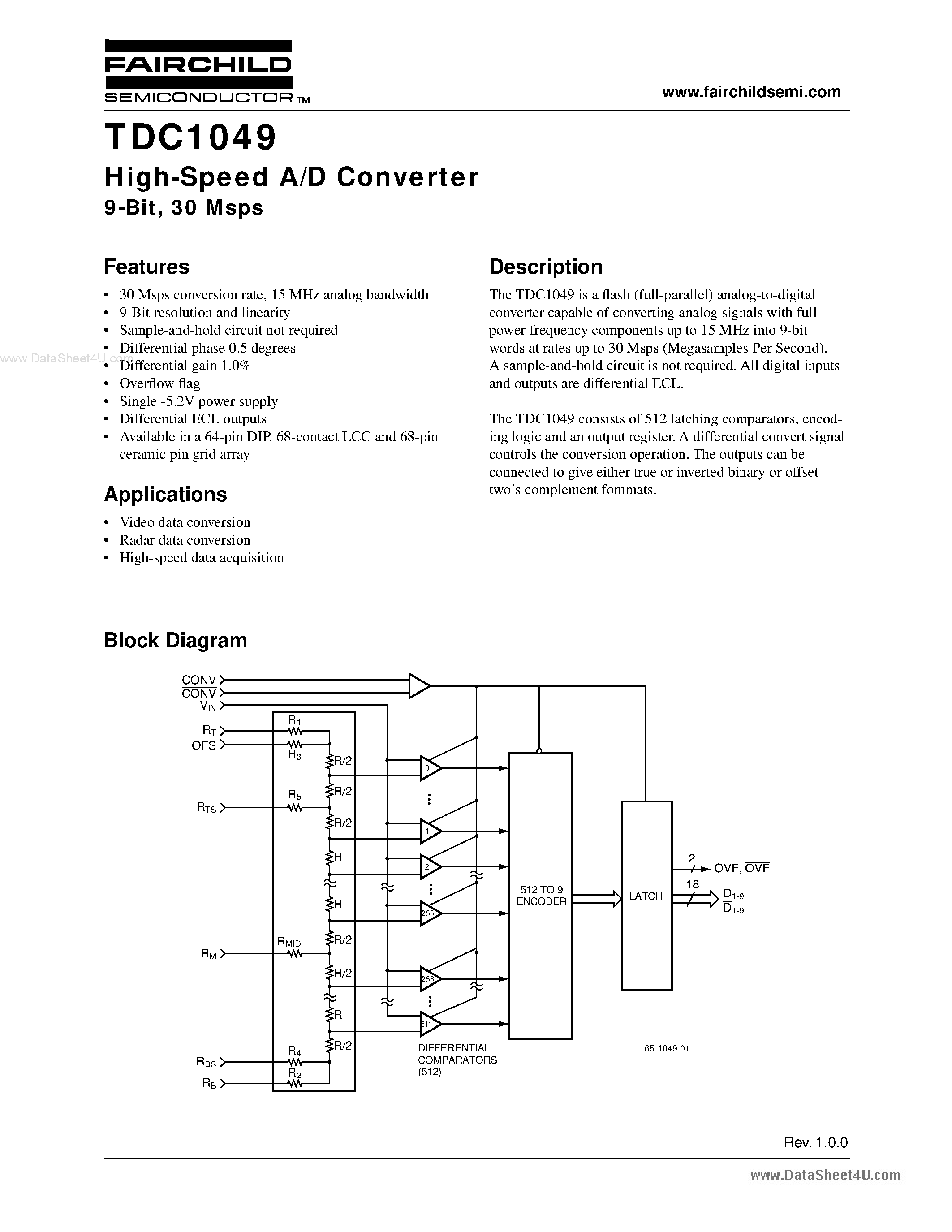 Datasheet TDC1049 - High Speed A/D Converter page 1