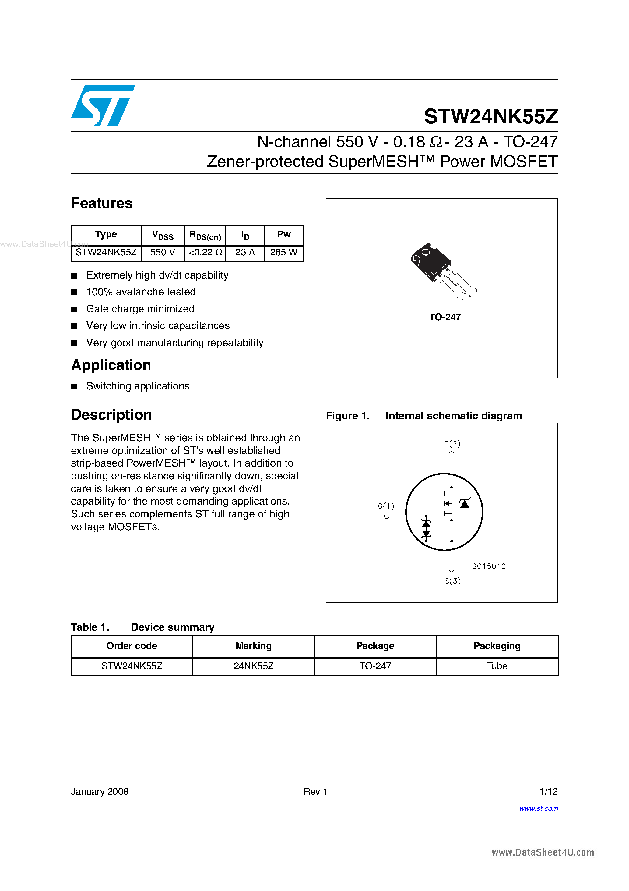 Datasheet STW24NK55Z - N-channel Power MOSFET page 1