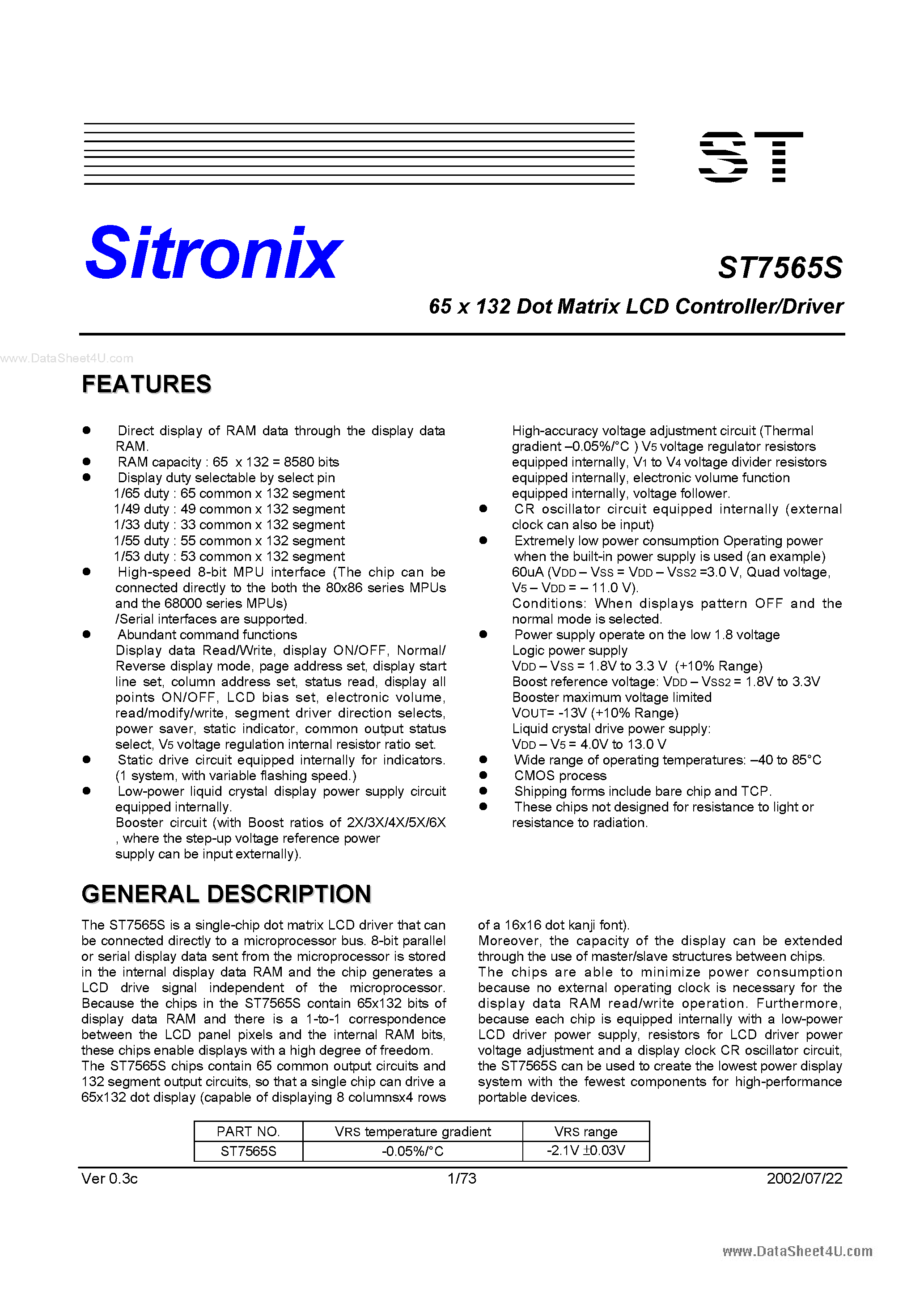 Datasheet ST7565S page 1 Datasheet ST7565S - 65 x 132 Dot Matrix LCD Controller/Driver page 1