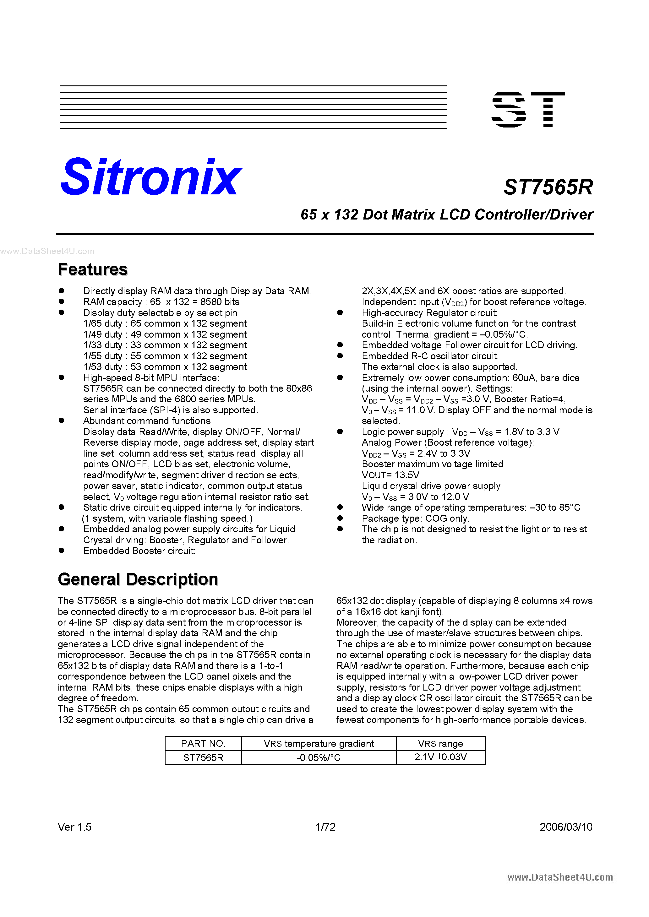 Datasheet ST7565R page 1 Datasheet ST7565R - 65 x 132 Dot Matrix LCD Controller/Driver page 1