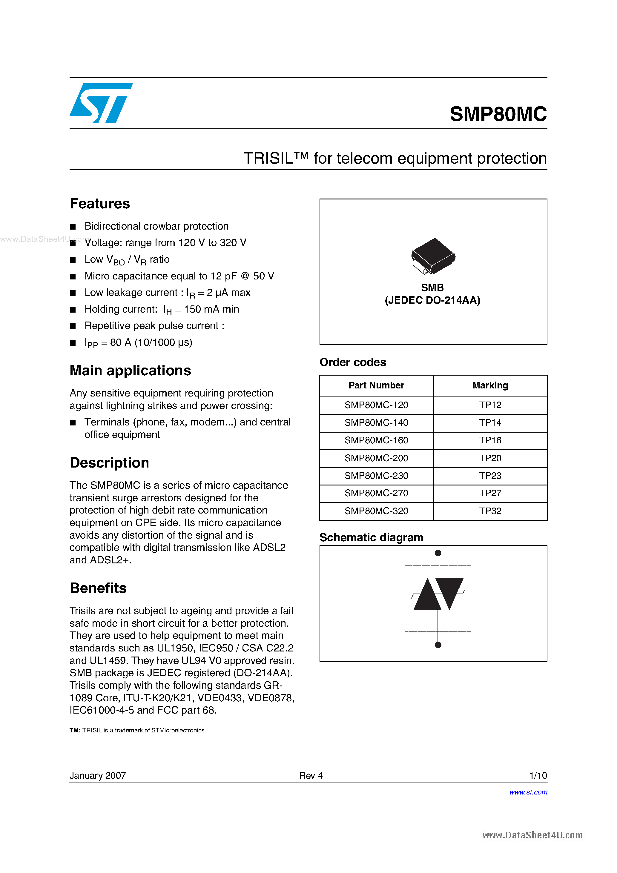 Datasheet SMP80MC - TRISIL page 1