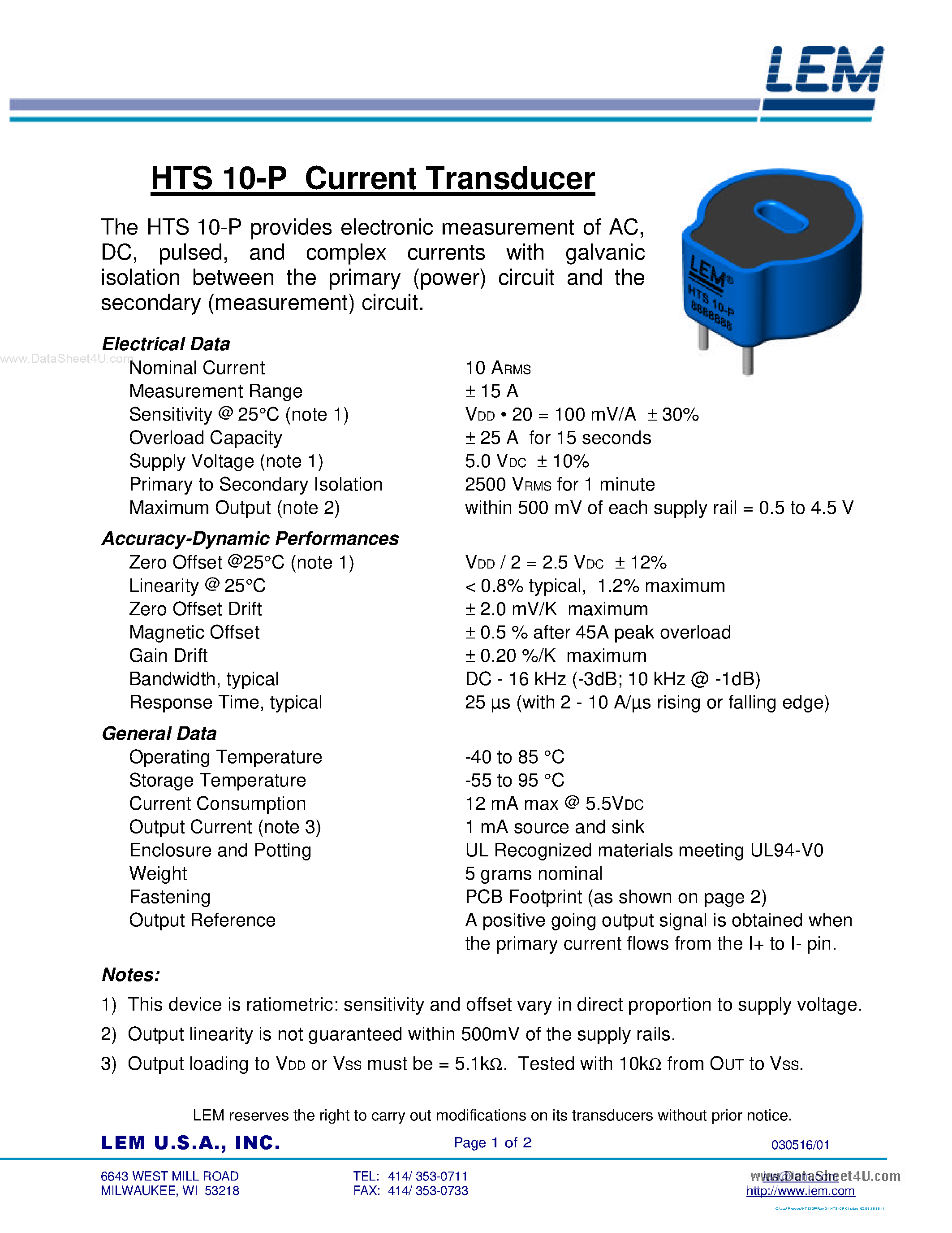 Даташит HTS10-P - Current Transducer страница 1
