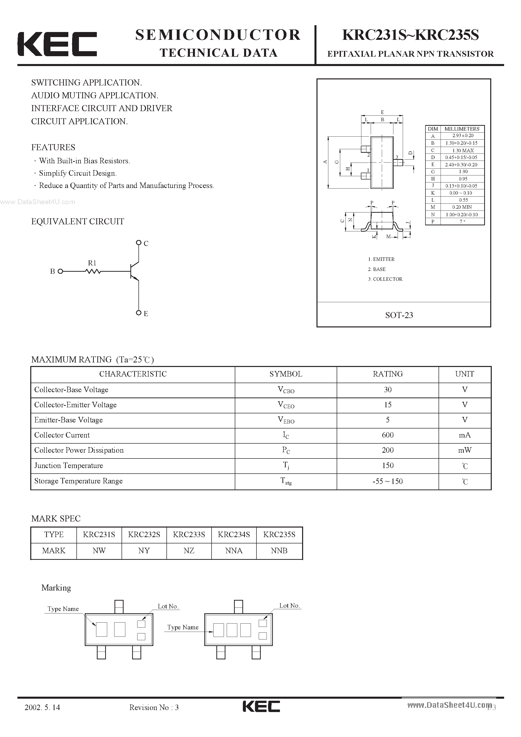 Datasheet KRC231S - (KRC231S - KRC235S) EPITAXIAL PLANAR NPN TRANSISTOR page 1