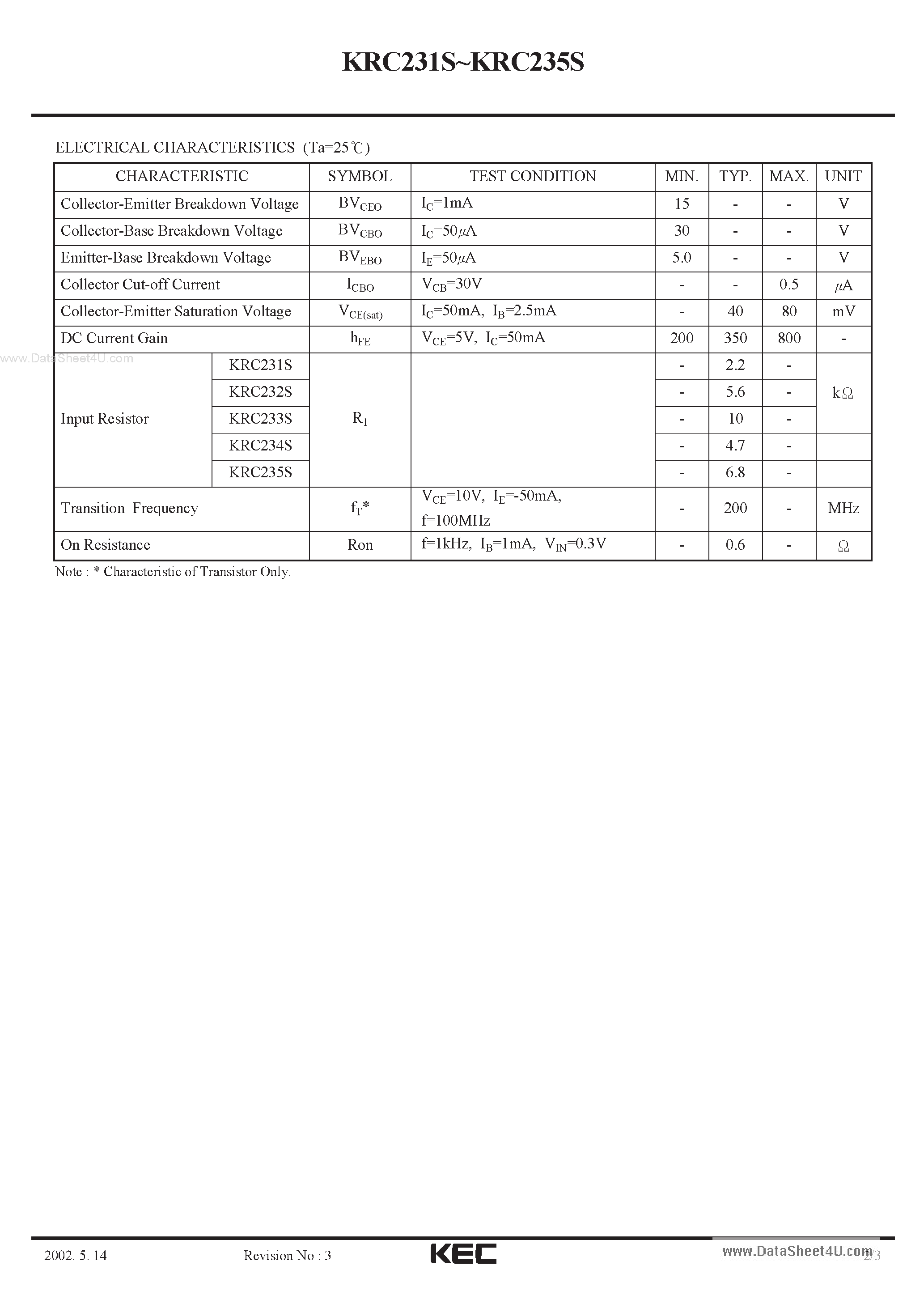 Datasheet KRC231S - (KRC231S - KRC235S) EPITAXIAL PLANAR NPN TRANSISTOR page 2