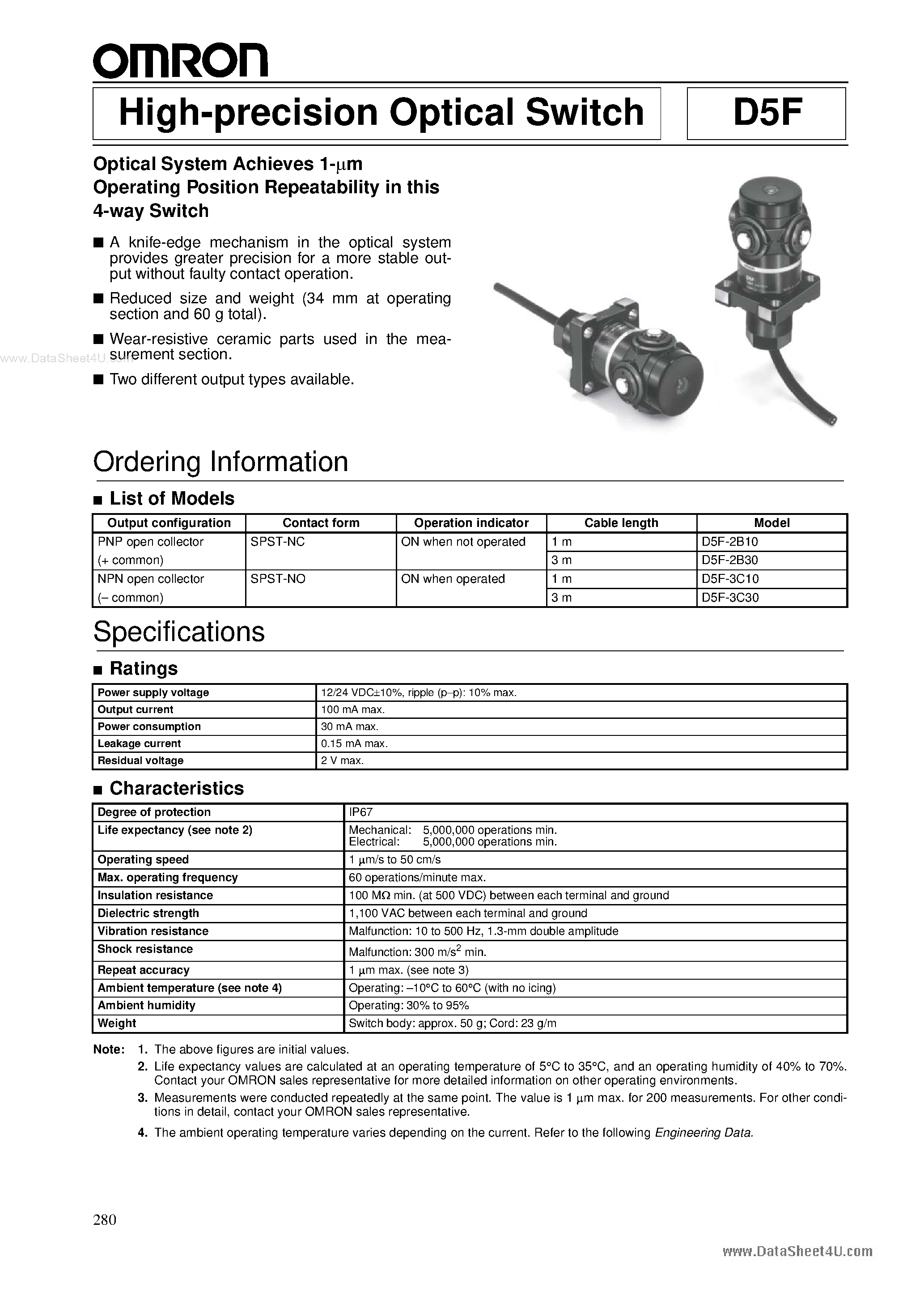 Даташит на микросхему D5F-2B10 страница 1 Даташит D5F-2B10 - High Precision Optical Switch страница 1