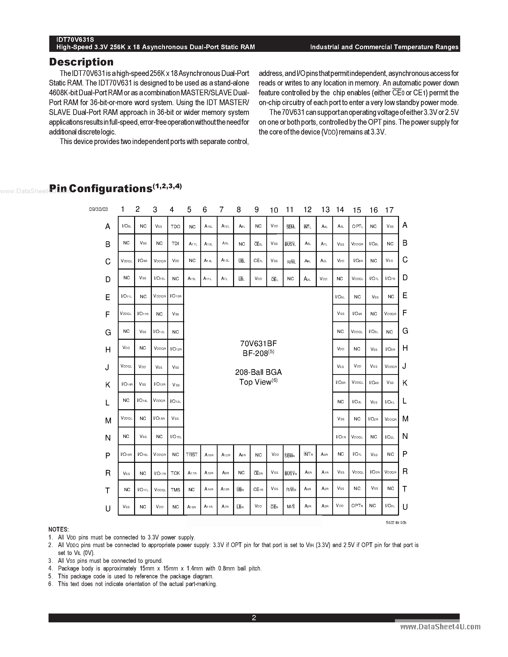 Datasheet IDT70V631S - HIGH-SPEED 3.3V 256K x 18 ASYNCHRONOUS DUAL-PORT STATIC RAM page 2