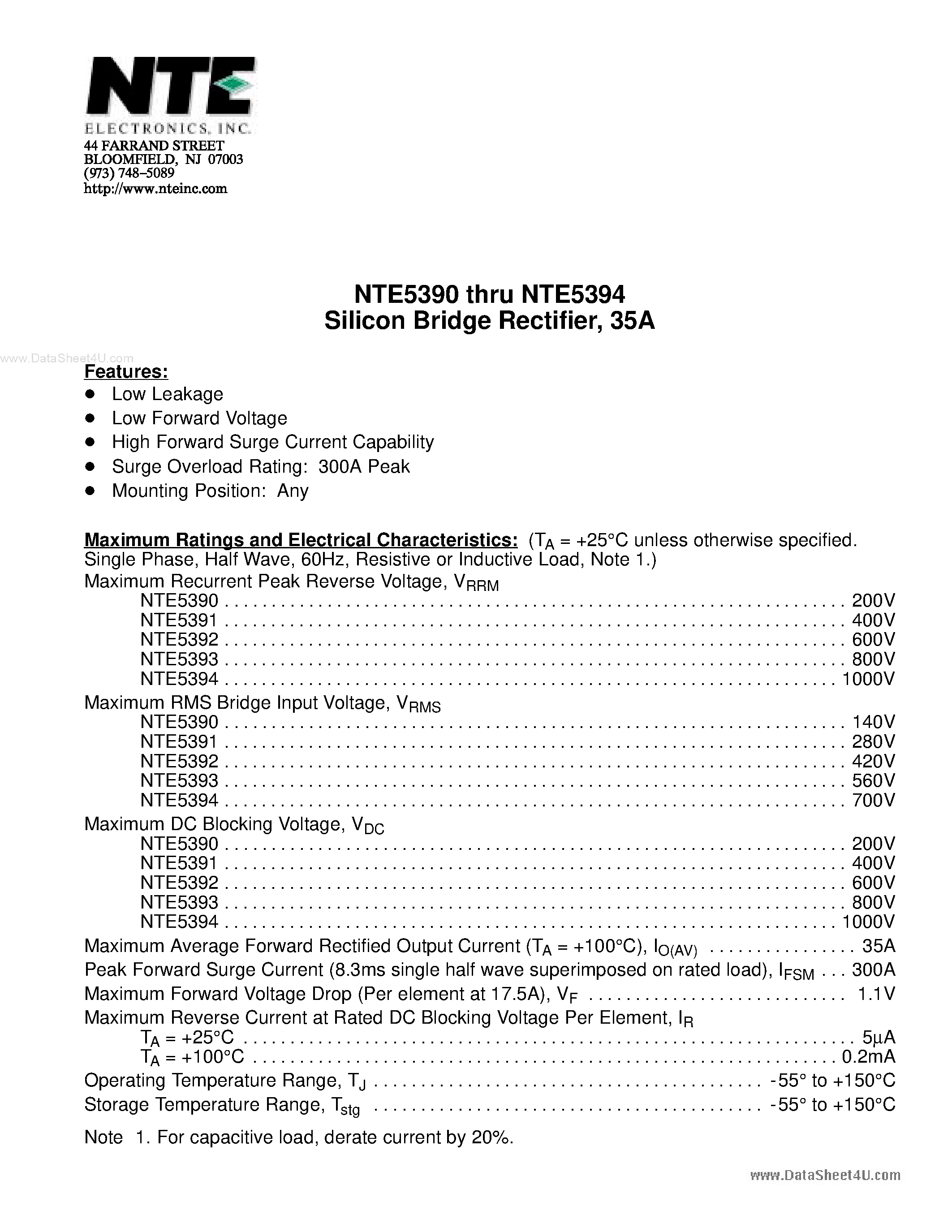 Даташит NTE5390 - (NTE5390 - NTE5394) Silicon Bridge Rectifier страница 1