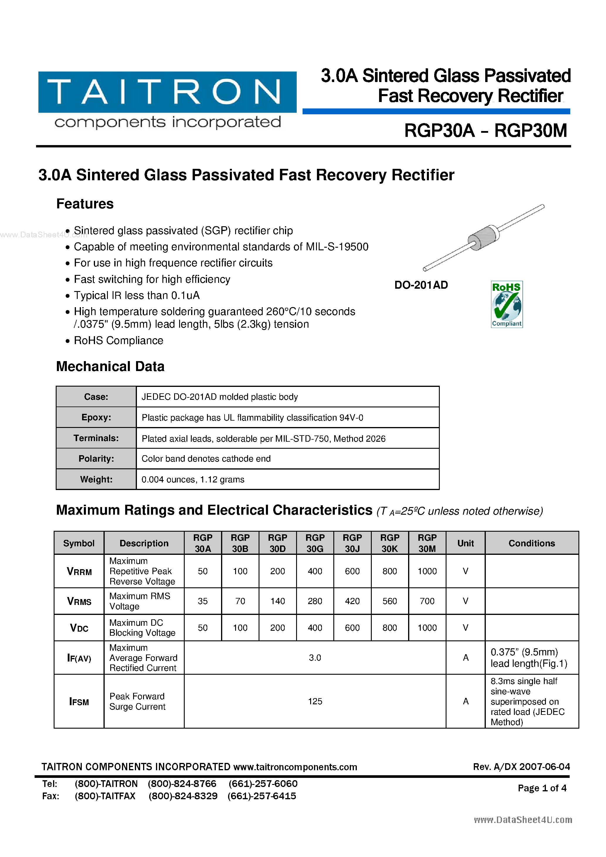 Datasheet RGP30A - (RGP30x) 3.0A Sintered Glass Passivated Fast Recovery Rectifier page 1