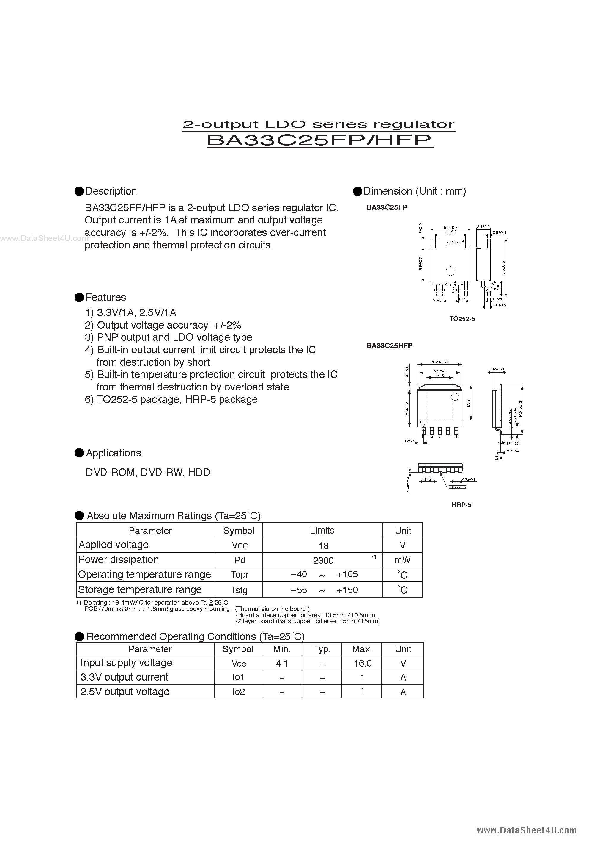 Даташит на микросхему BA33C25FP страница 1 Даташит BA33C25FP - 2-output LDO series regulator страница 1