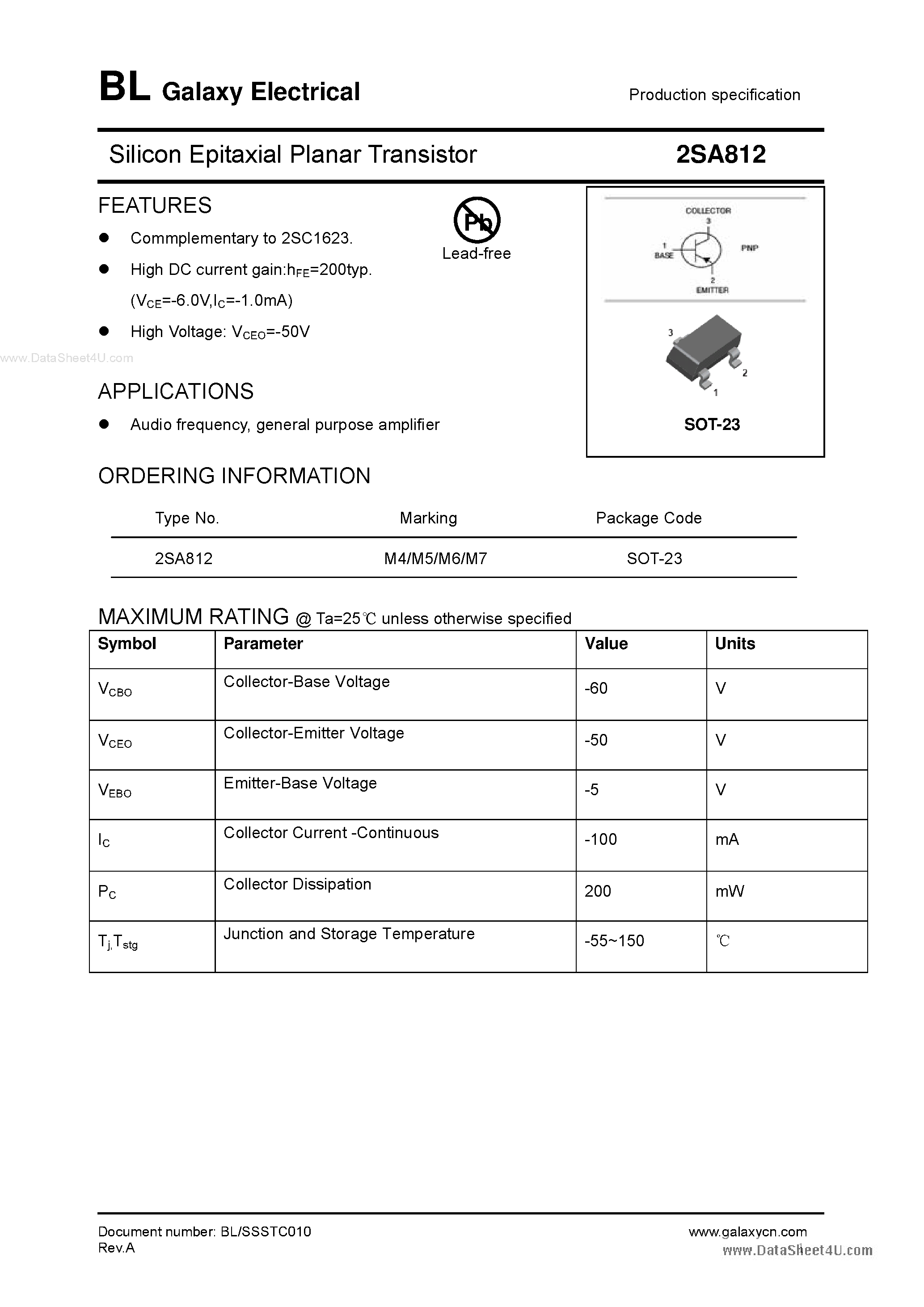 Datasheet 2SA812 - Silicon Epitaxial Planar Transistor page 1