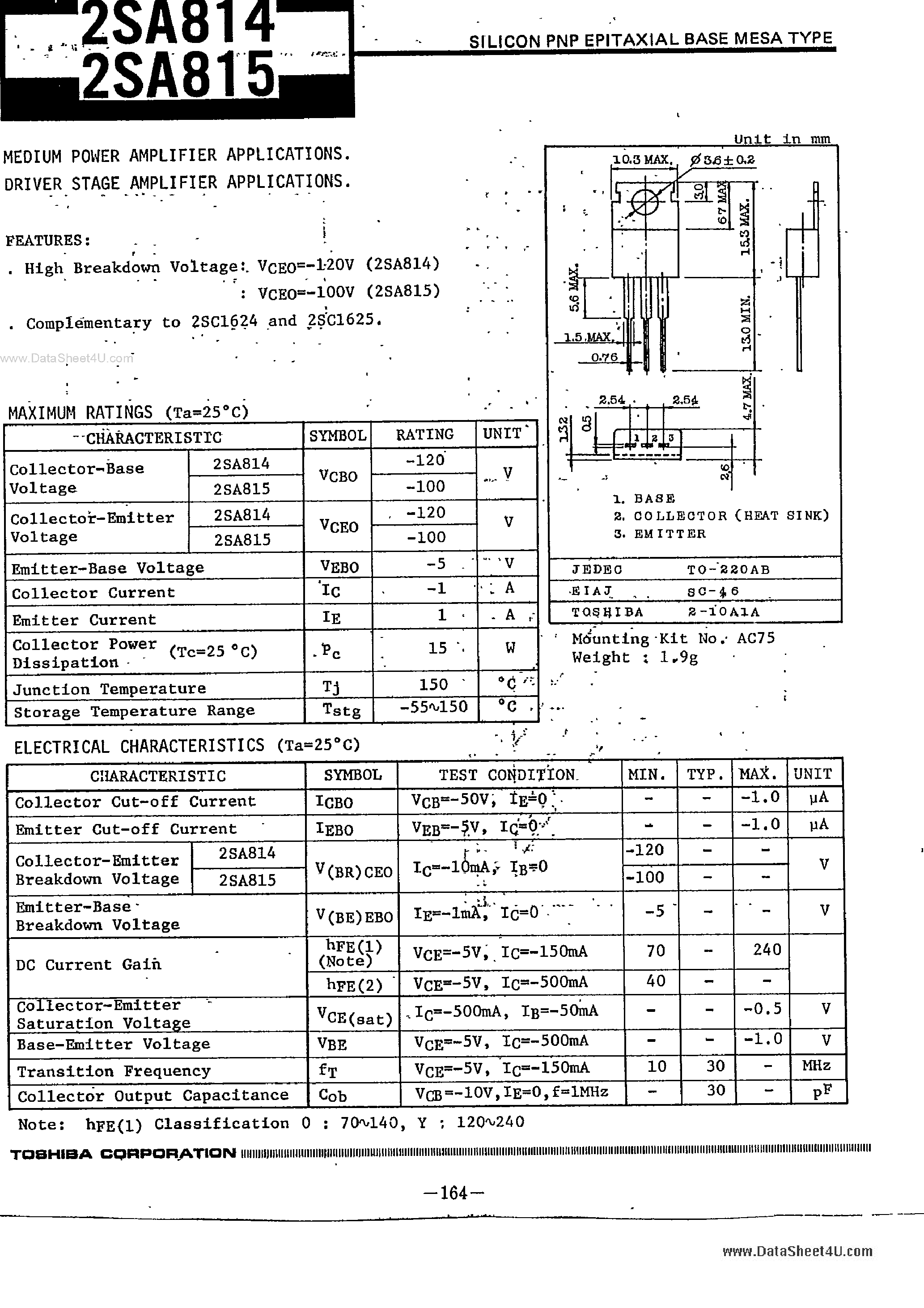 Даташит на микросхему 2SA814 страница 1 Даташит 2SA814 - (2SA814 / 2SA815) SILICON PNP EPITAXIAL BASE MESA TYPE страница 1