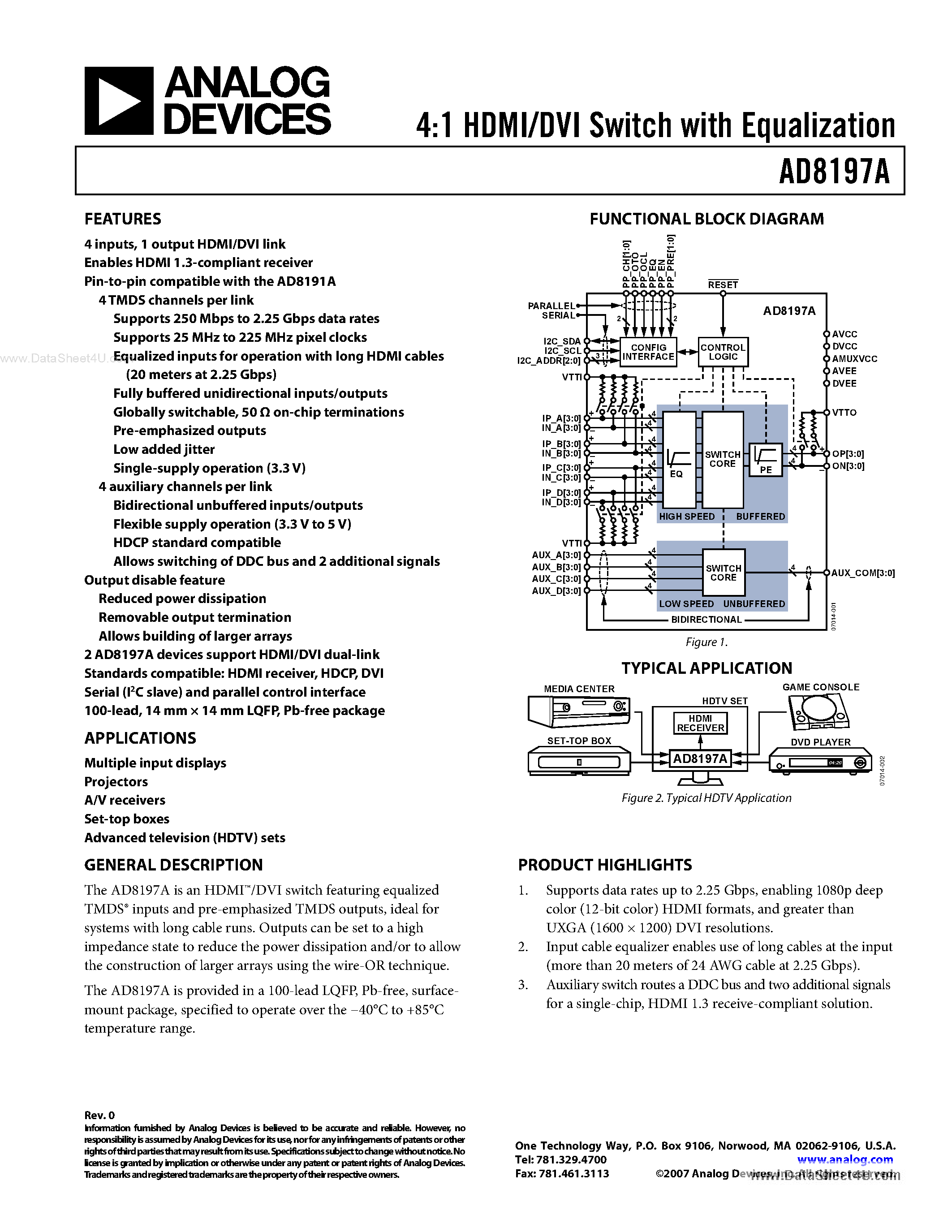 Datasheet AD8197A page 1 Datasheet AD8197A - 4:1 HDMI/DVI Switch page 1