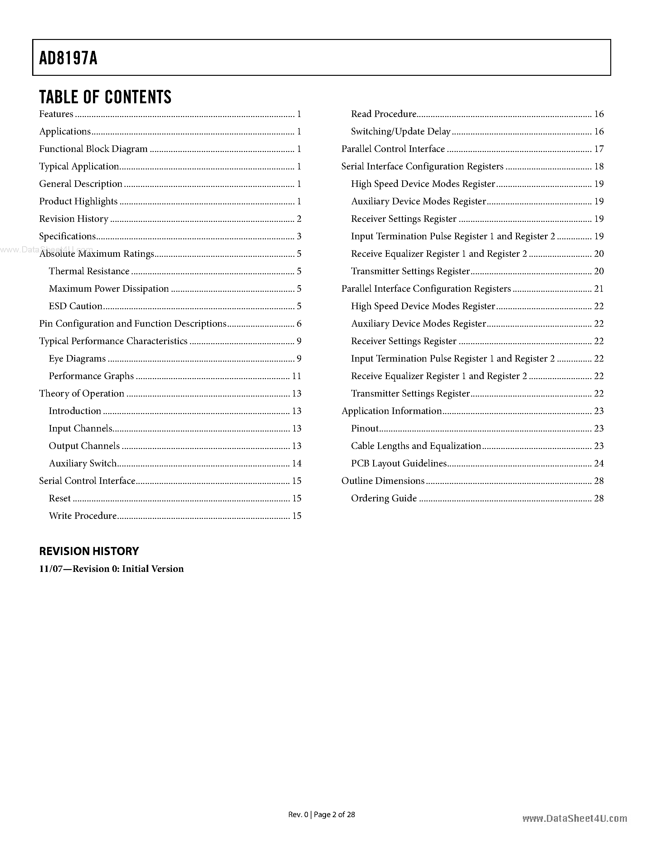 Datasheet AD8197A page 2 Datasheet AD8197A - 4:1 HDMI/DVI Switch page 2