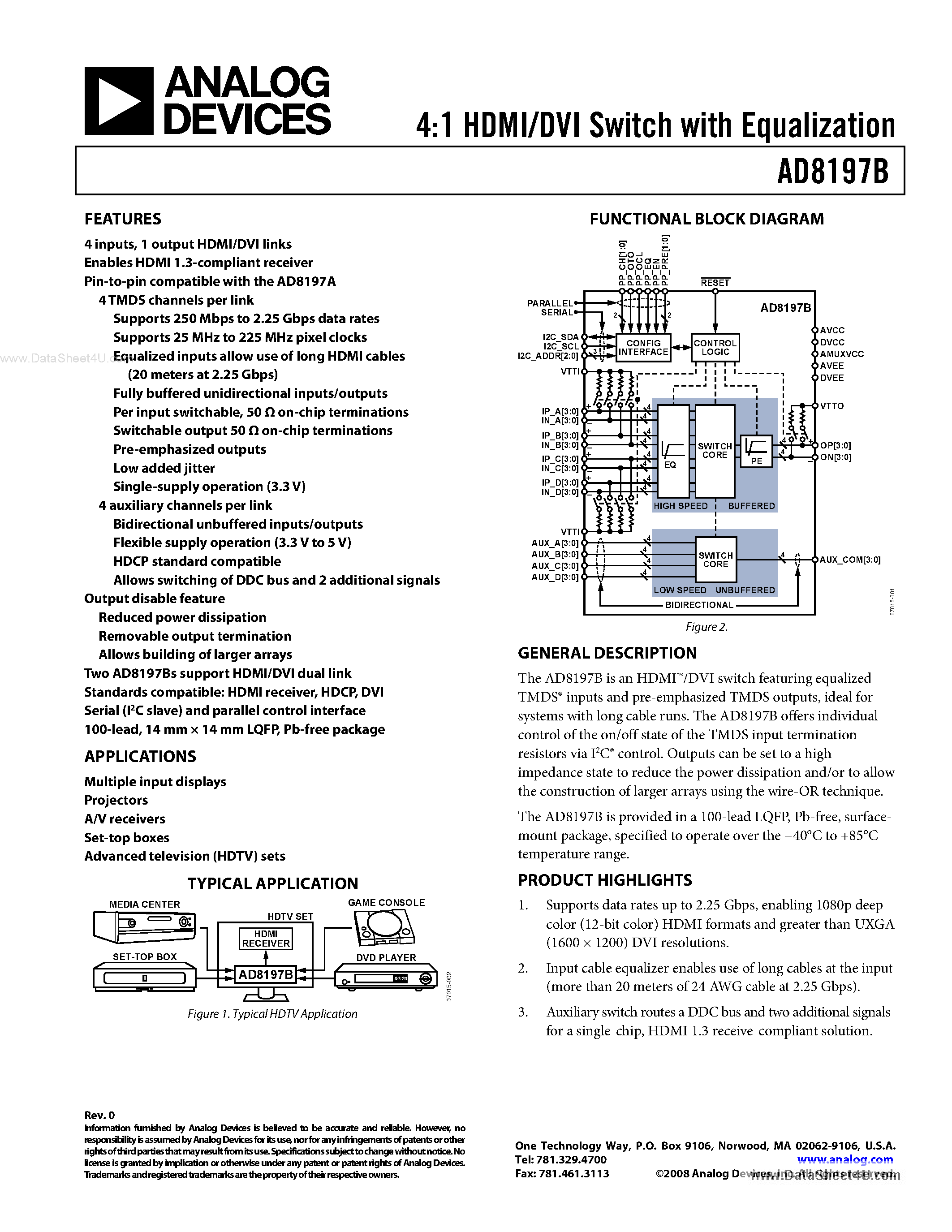 Datasheet AD8197B - 4:1 HDMI/DVI Switch page 1