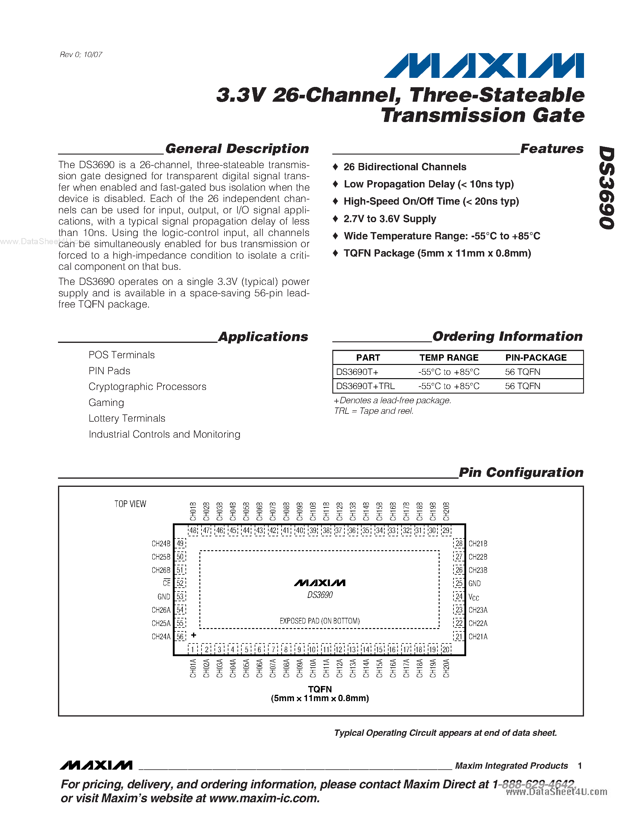 Datasheet DS3690 page 1 Datasheet DS3690 - Three-Stateable Transmission Gate page 1