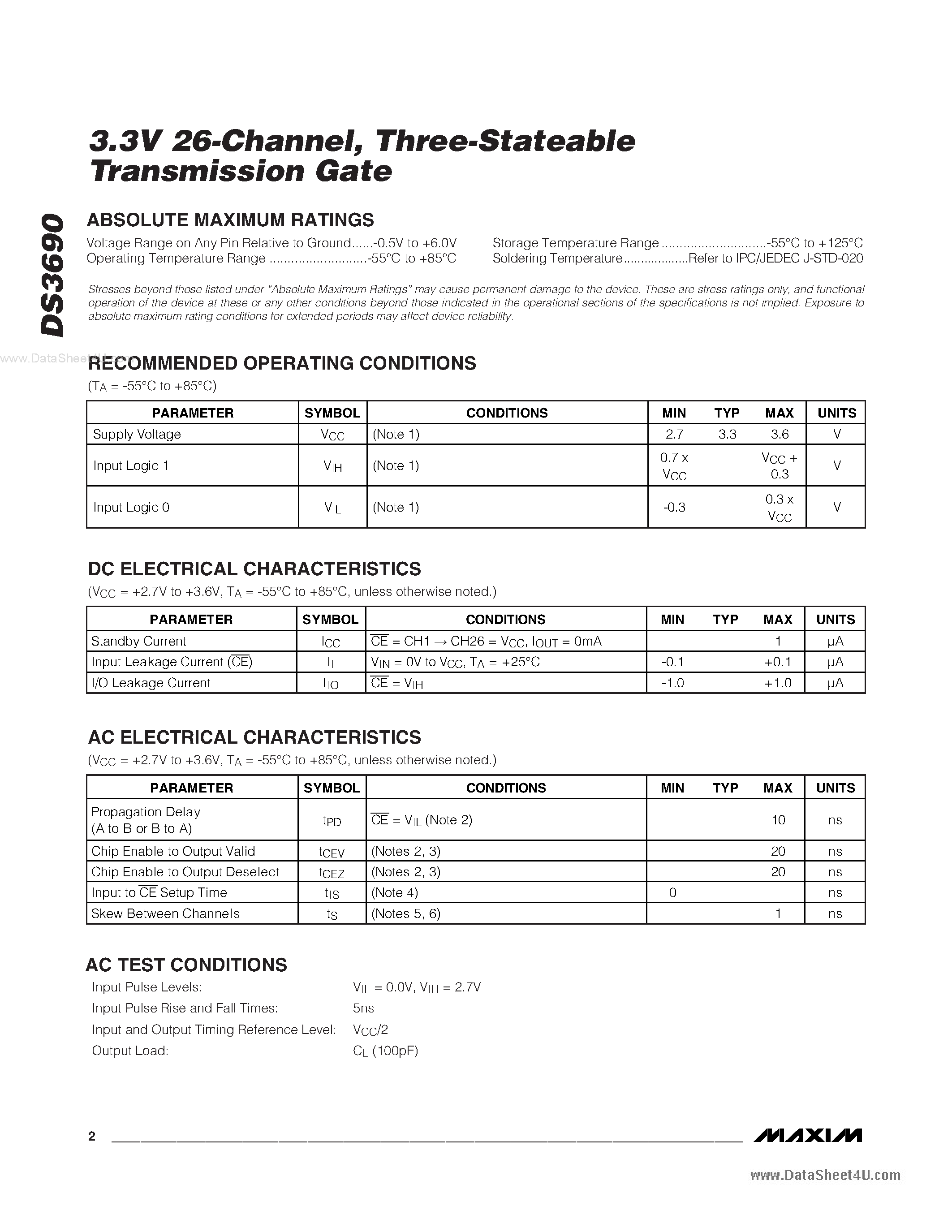 Datasheet DS3690 page 2 Datasheet DS3690 - Three-Stateable Transmission Gate page 2