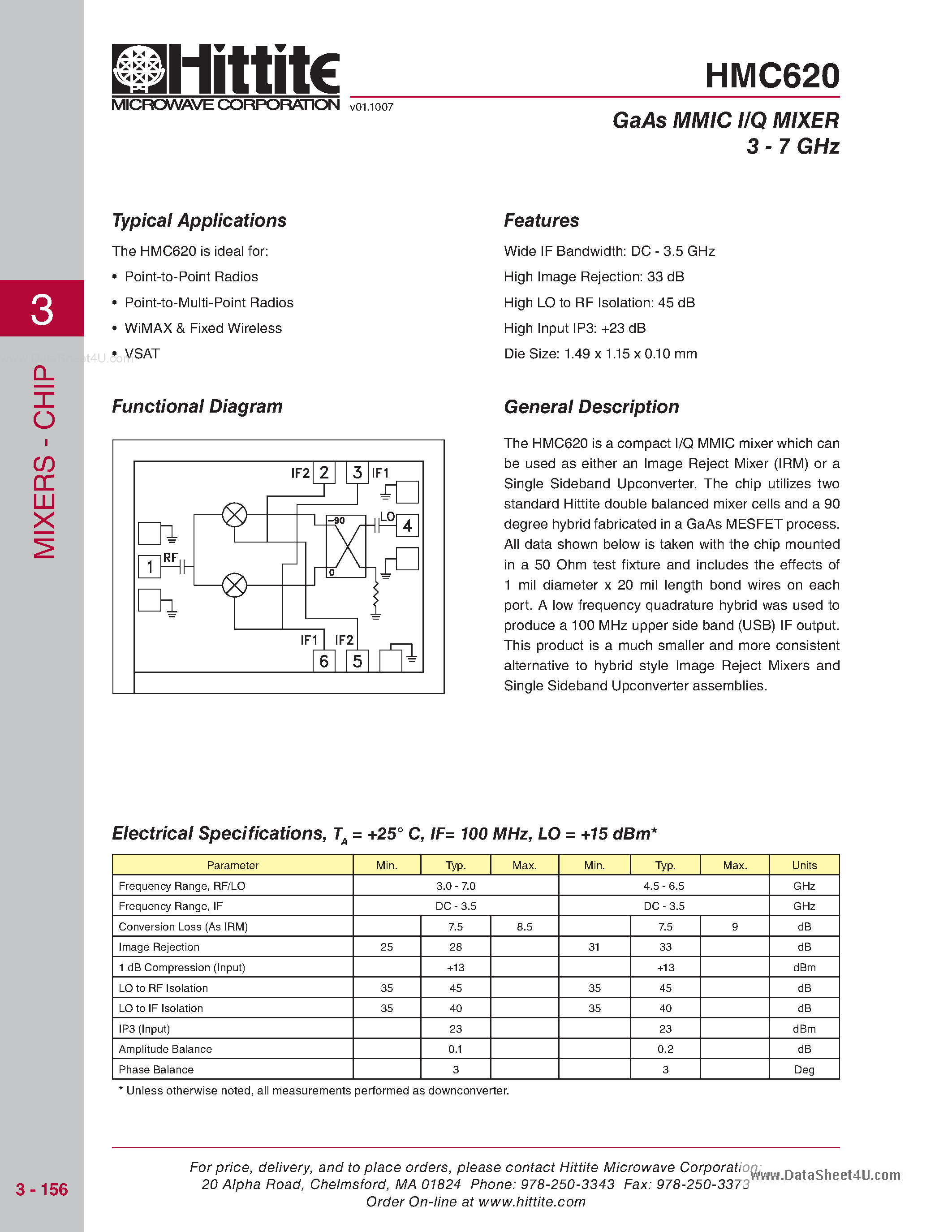Даташит на микросхему HMC620 страница 1 Даташит HMC620 - GaAs MMIC I/Q MIXER страница 1