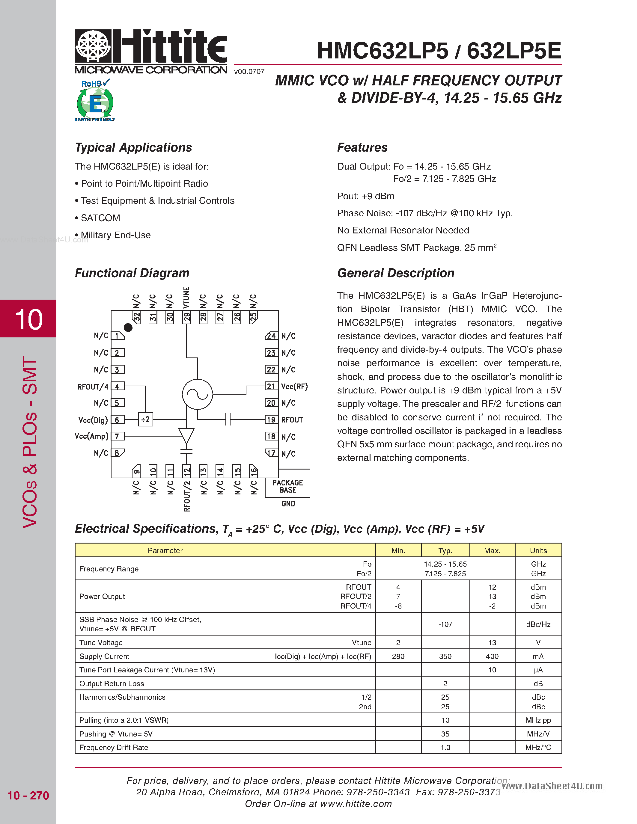 Даташит HMC632LP5 - MMIC VCO w/ HALF FREQUENCY OUTPUT & DIVID страница 1
