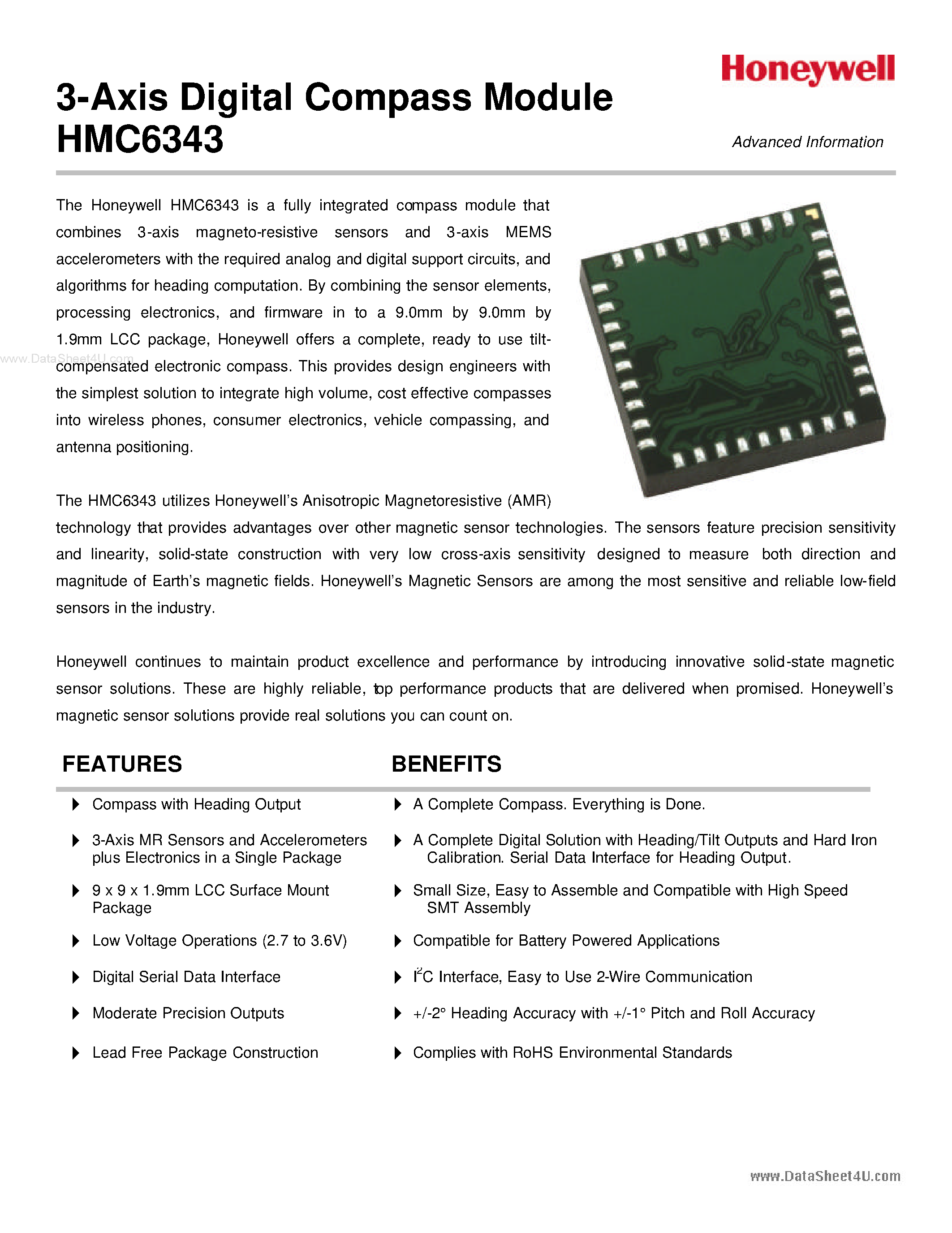 Даташит HMC6343 - 3-Axis Digital Compass Module страница 1