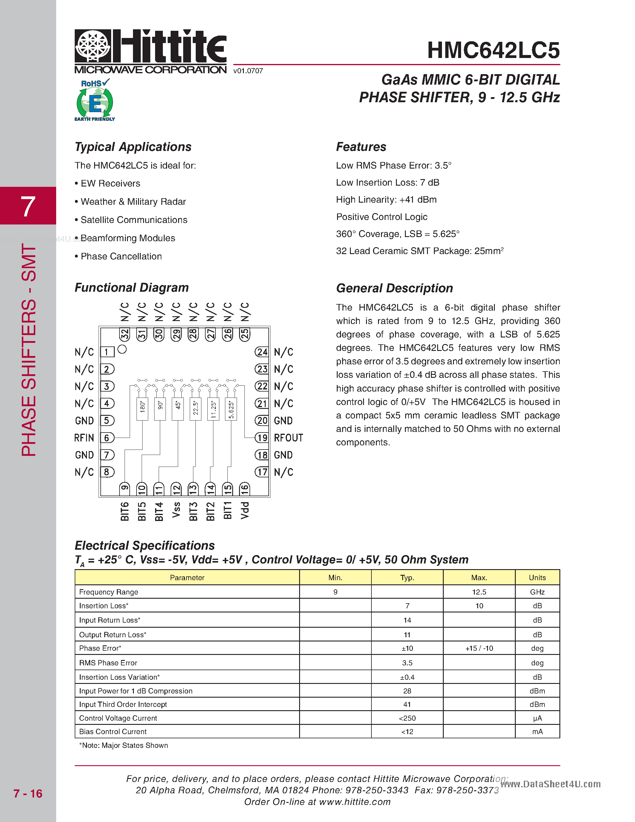 Datasheet HMC642LC5 - GaAs MMIC 6-BIT DIGITAL PHASE SHIFTER page 1