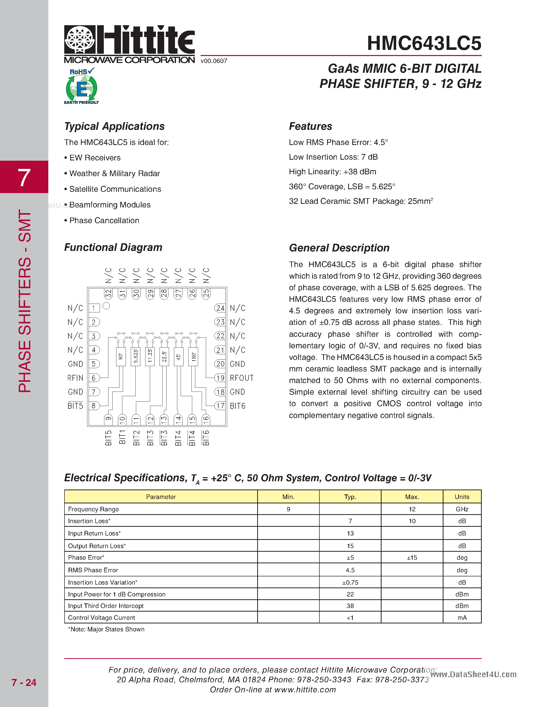 Datasheet HMC643LC5 - GaAs MMIC 6-BIT DIGITAL PHASE SHIFTER page 1