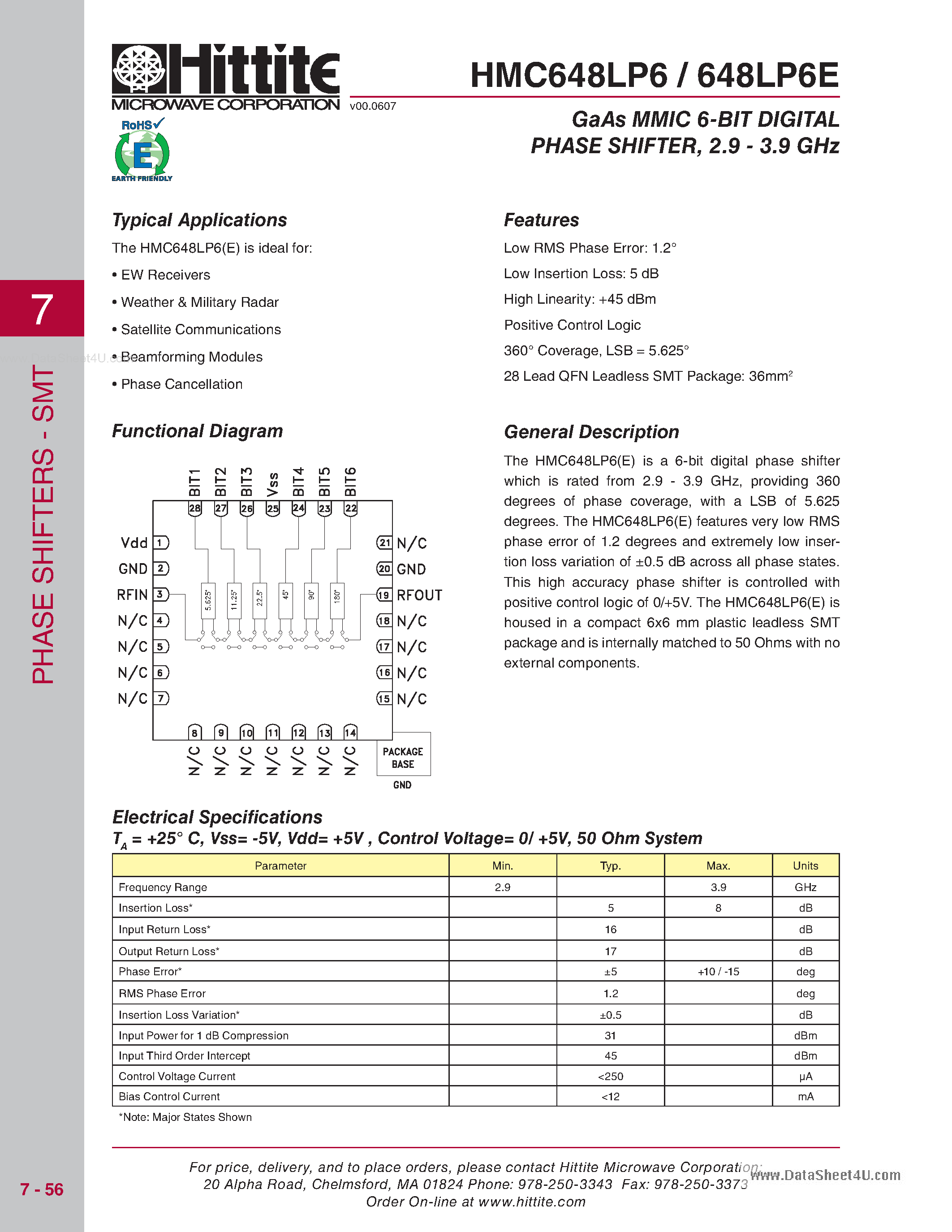 Datasheet HMC648LP6 - GaAs MMIC 6-BIT DIGITAL PHASE SHIFTER page 1