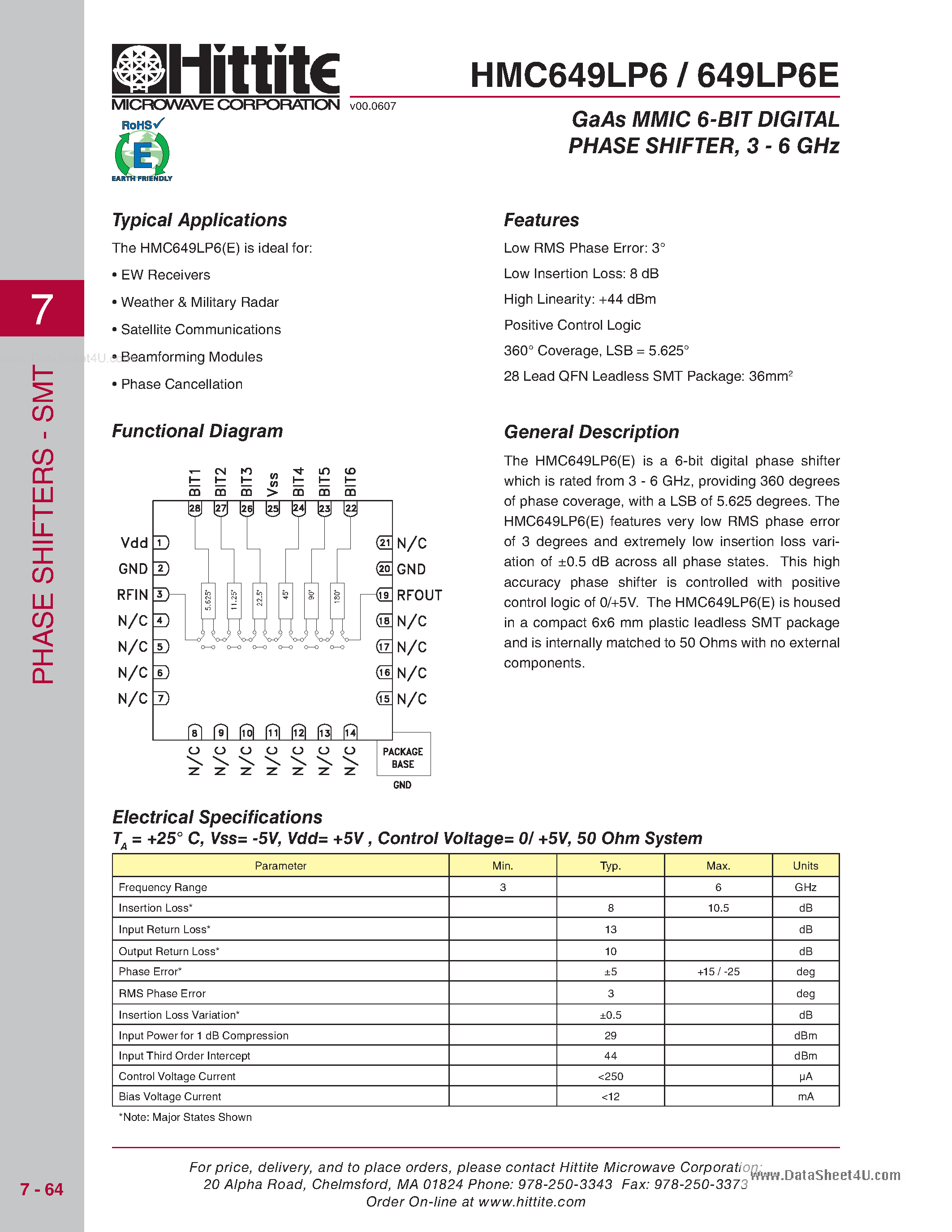 Datasheet HMC649LP6 - GaAs MMIC 6-BIT DIGITAL PHASE SHIFTER page 1