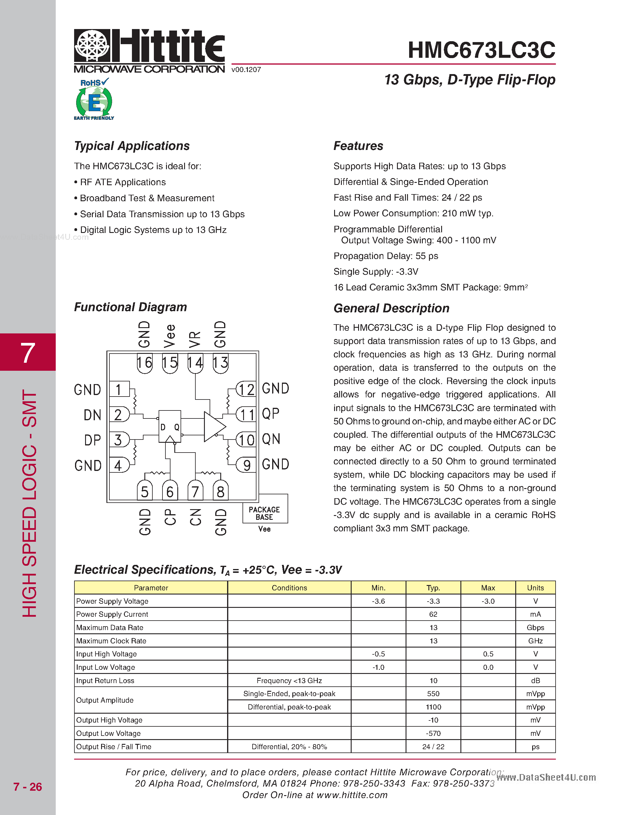 Даташит HMC673LC3C - D-Type Flip-Flop страница 1