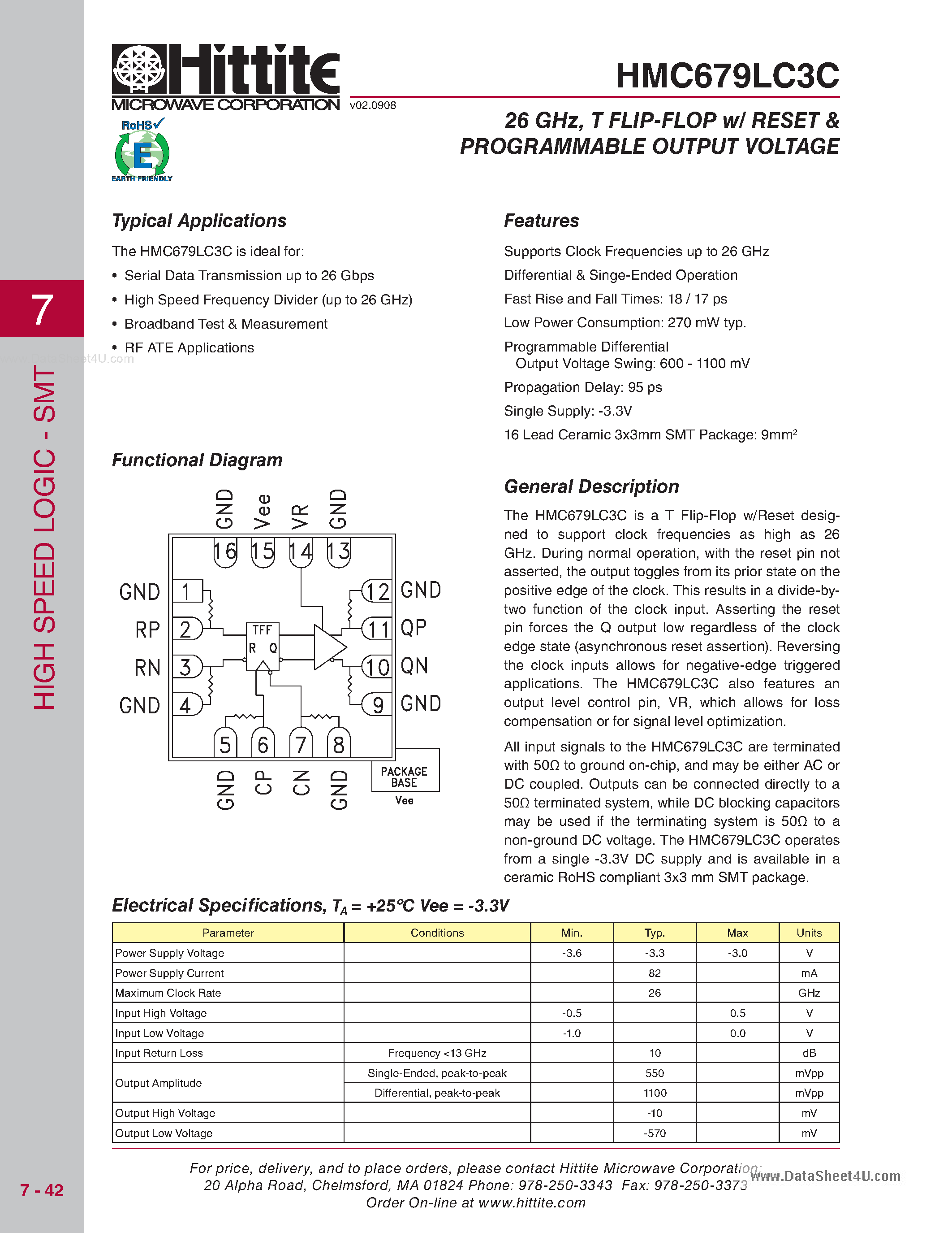 Даташит HMC679LC3C - T Flip-Flop W/RESET & Programmable Output Voltage страница 1